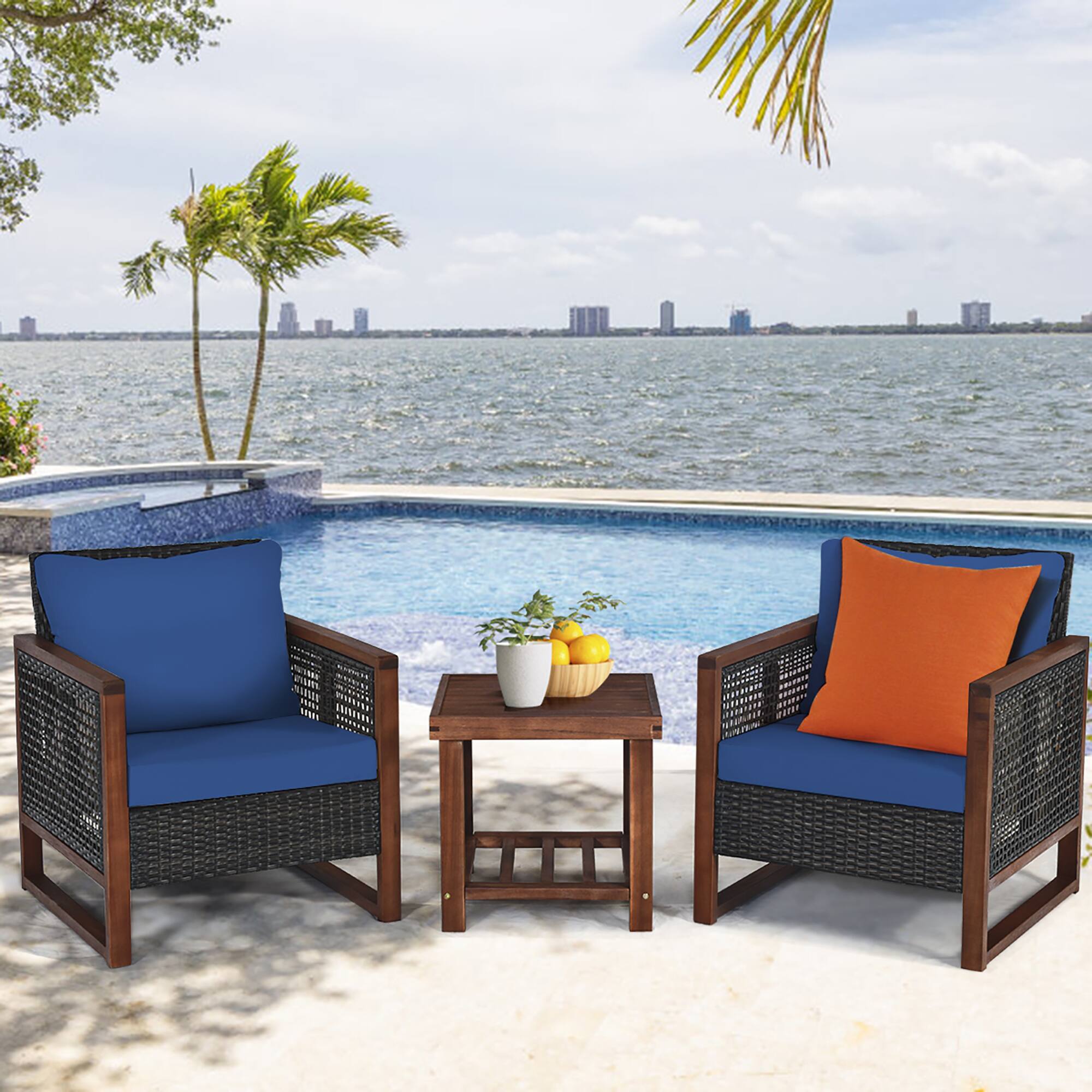 Alt View 1. Costway - Costway 3PCS Patio Wicker Furniture Set Solid Wood Frame Cushion Sofa w/ Square Table Shelf - Navy.