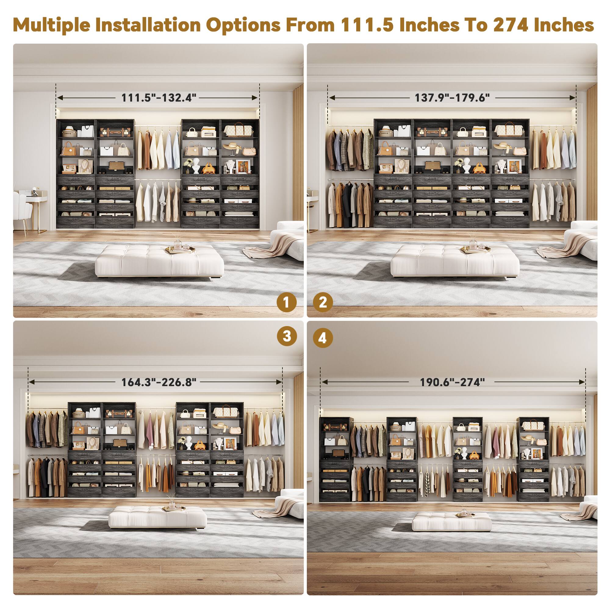 Multiple Installation Options From 111.5 Inches To 274 Inches

1. 111.5"-132.4"
2. 137.9"-179.6"
3. 164.3"-226.8"
4. 190.6"-274"