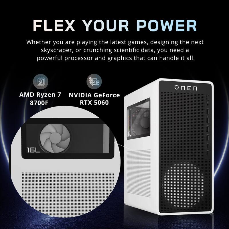FLEX YOUR POWER  
Whether you are playing the latest games, designing the next skyscraper, or crunching scientific data, you need a powerful processor and graphics that can handle it all.  

AMD Ryzen 7 8700F  
NVIDIA GeForce RTX 5060  

16L