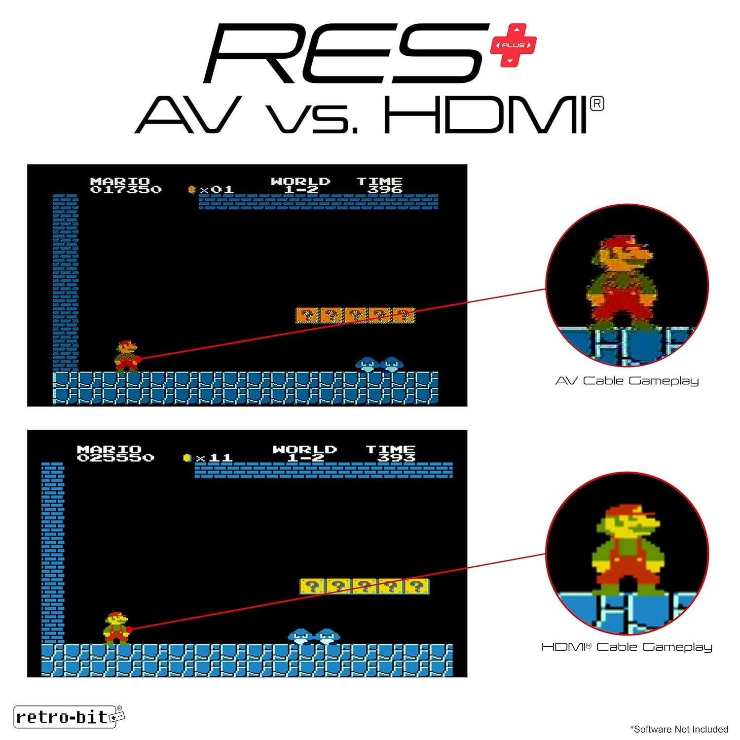 RES AV vs. HDMI

MARIO 017350 x01 WORLD 1-2 TIME 396

AV Cable Gameplay

MARIO 025550 x11 WORLD 1-2 TIME 396

HDMI Cable Gameplay

*Software Not Included

retro-bit