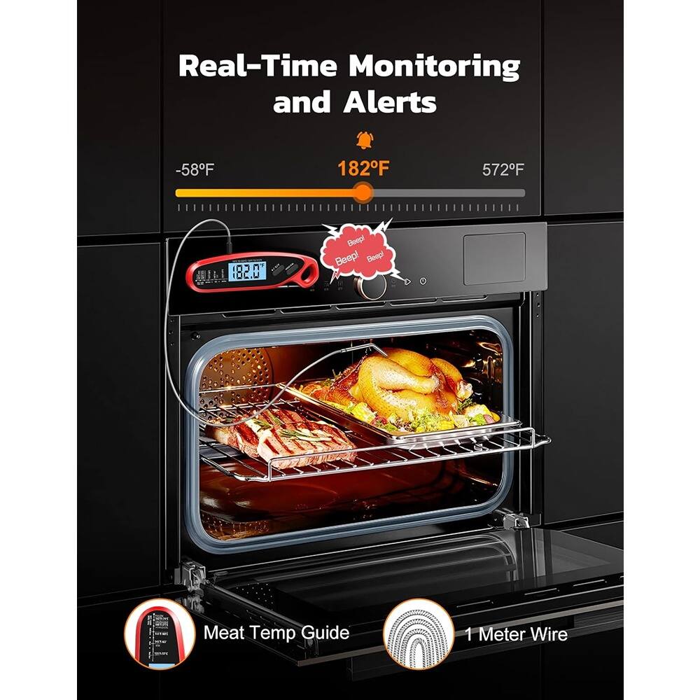 Real-Time Monitoring and Alerts

-58°F 182°F 572°F

182.0°F

Beep! Beep!

Meat Temp Guide

1 Meter Wire