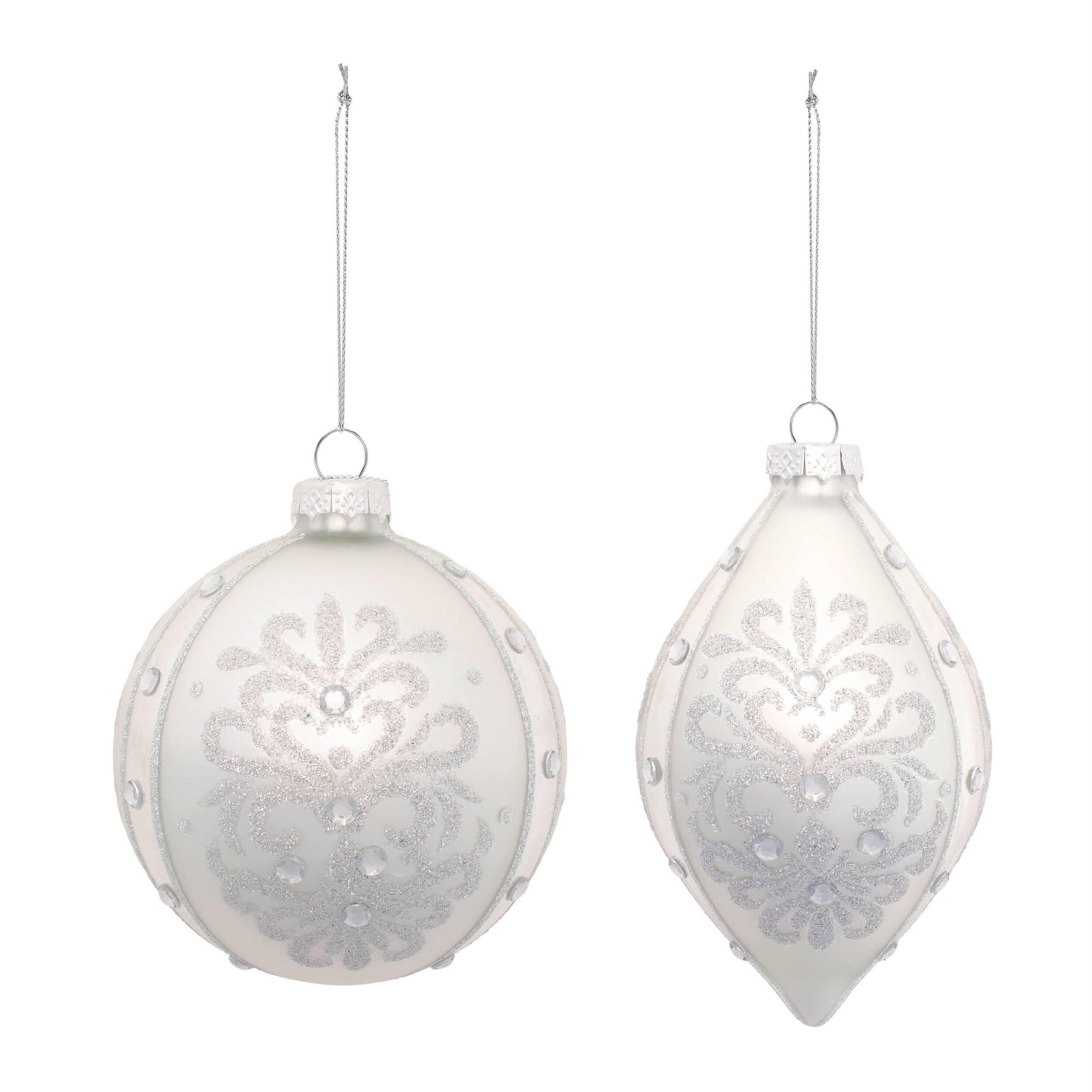 Angle. BreeBe - Glittered Ornaments (Set of 6) - White, Silver.