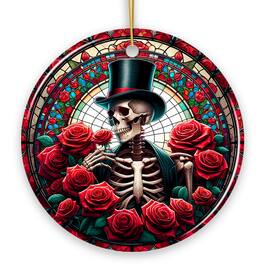 OrnamentallyYou - Elegant Bones Top-Hat Skeleton with Roses Stained Glass Style Ceramic Ornament Halloween Themed - Multi-colored