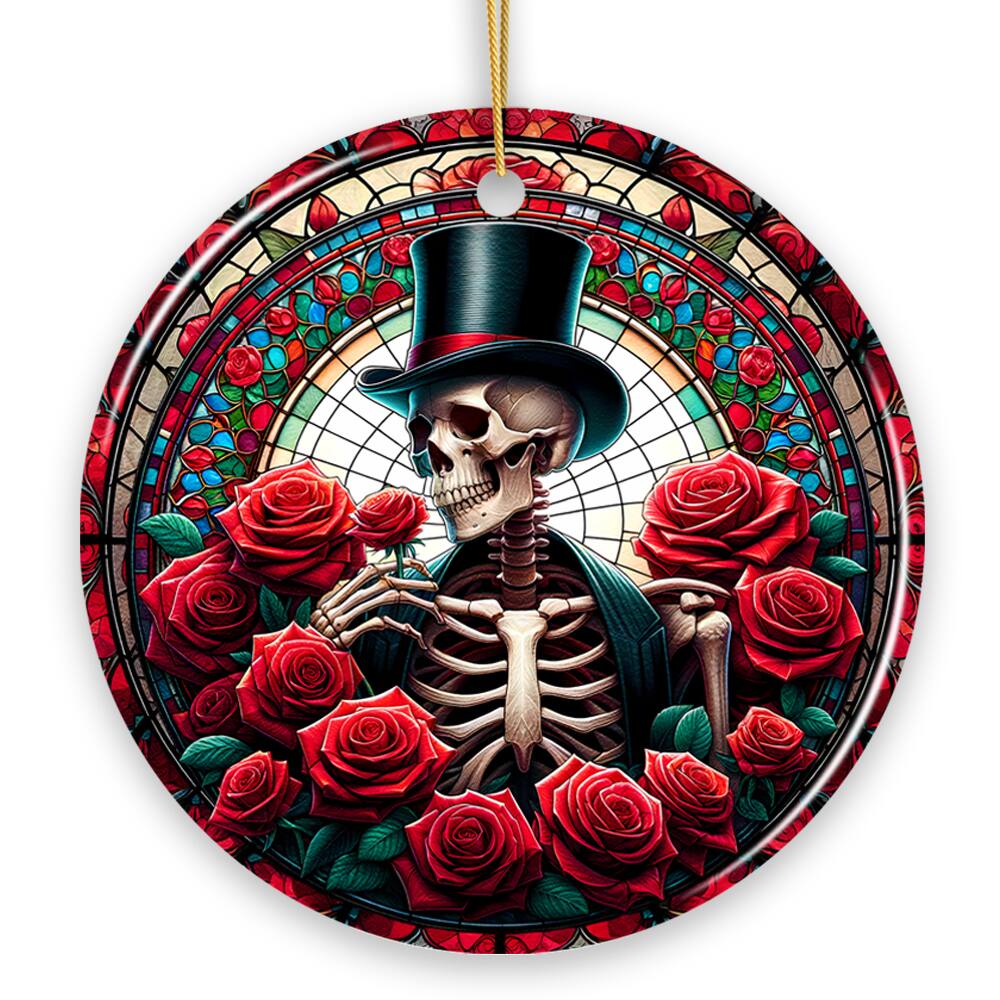 Front. OrnamentallyYou - Elegant Bones Top-Hat Skeleton with Roses Stained Glass Style Ceramic Ornament Halloween Themed - Multi-colored.