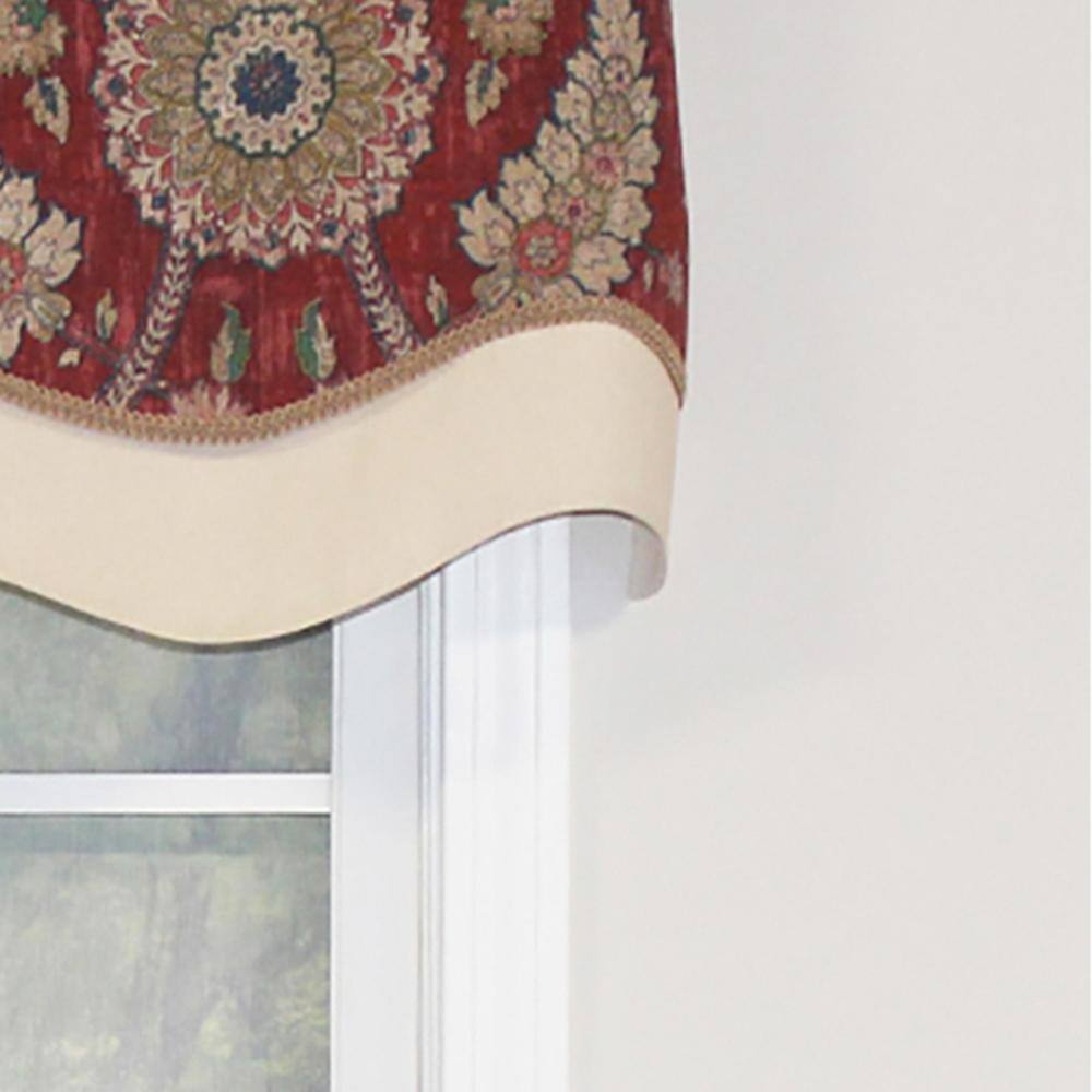 Left. RLF Home - RLF Home Wakeshire Glory Valance Garnet. 3" Rod Pocket, Layered, Trimmed. 50" x 16" - Garnet.