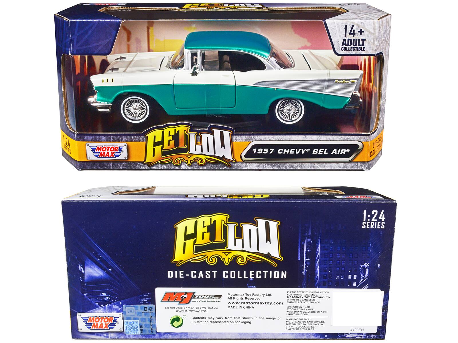 **Front Side:**

- **Top Left Corner:**
  - "MOTOR MAX"

- **Top Right Corner:**
  - "14+ ADULT COLLECTIBLE"

- **Center:**
  - "GET LOW"
  - "1957 CHEVY BEL AIR"

- **Bottom Left Corner:**
  - "MOTOR MAX"

- **Bottom Right Corner:**
  - "1:24 SERIES"

**Back Side:**

- **Top Left Corner:**
  - "MOTOR MAX"

- **Top Right Corner:**
  - "1:24 SERIES"

- **Center:**
  - "GET LOW"
  - "DIE-CAST COLLECTION"

- **Bottom Left Corner:**
  - "MOTOR MAX"
  - "MOTOR MAX TOYS"
  - "DISTRIBUTED BY MJ TOYS INC. (U.S.A.)"
  - "www.mjtoysinc.com"
  - "Contents may vary from that shown in the image or illustration represented on packaging."

- **Bottom Right Corner:**
  - "MOTOR MAX TOY FACTORY LTD."
  - "All Rights Reserved."
  - "www.motormaxtoy.com"
  - "