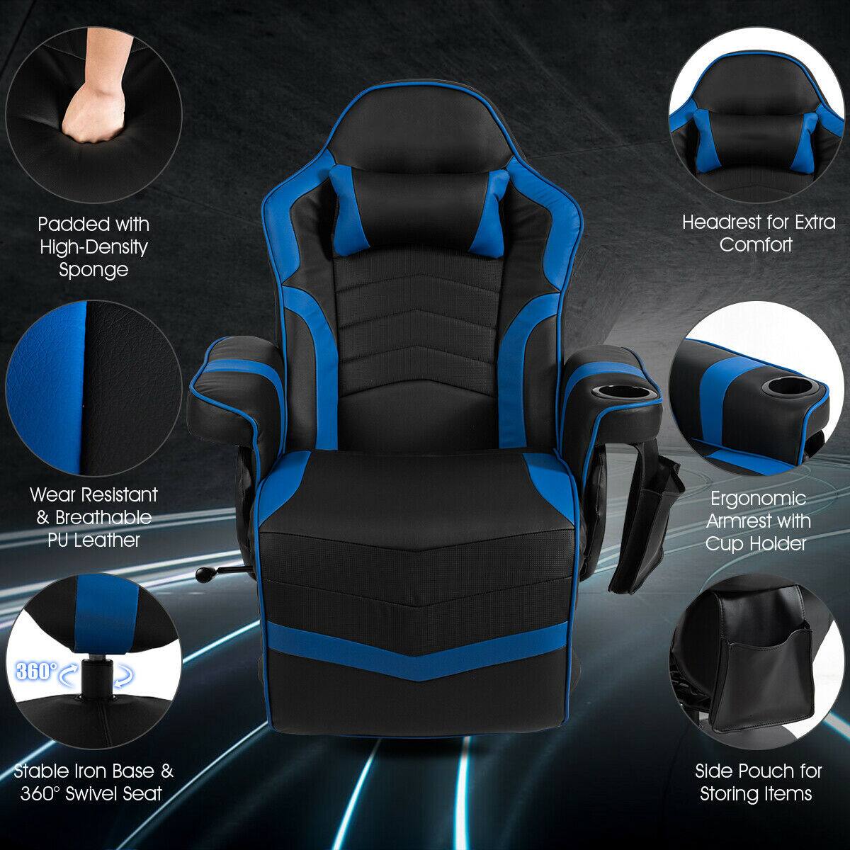 The text on the image is grouped and corrected as follows:

1. Padded with High-Density Sponge Headrest for Extra Comfort
2. Wear Resistant & Breathable PU Leather
3. Ergonomic Armrest with Cup Holder
4. 360 Stable Iron Base & 360 Swivel Seat
5. Side Pouch for Storing Items