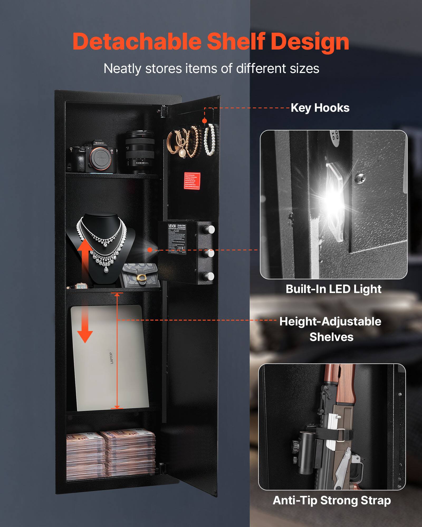 Detachable Shelf Design  
Neatly stores items of different sizes  

Key Hooks  

Built-In LED Light  

Height-Adjustable Shelves  

Anti-Tip Strong Strap