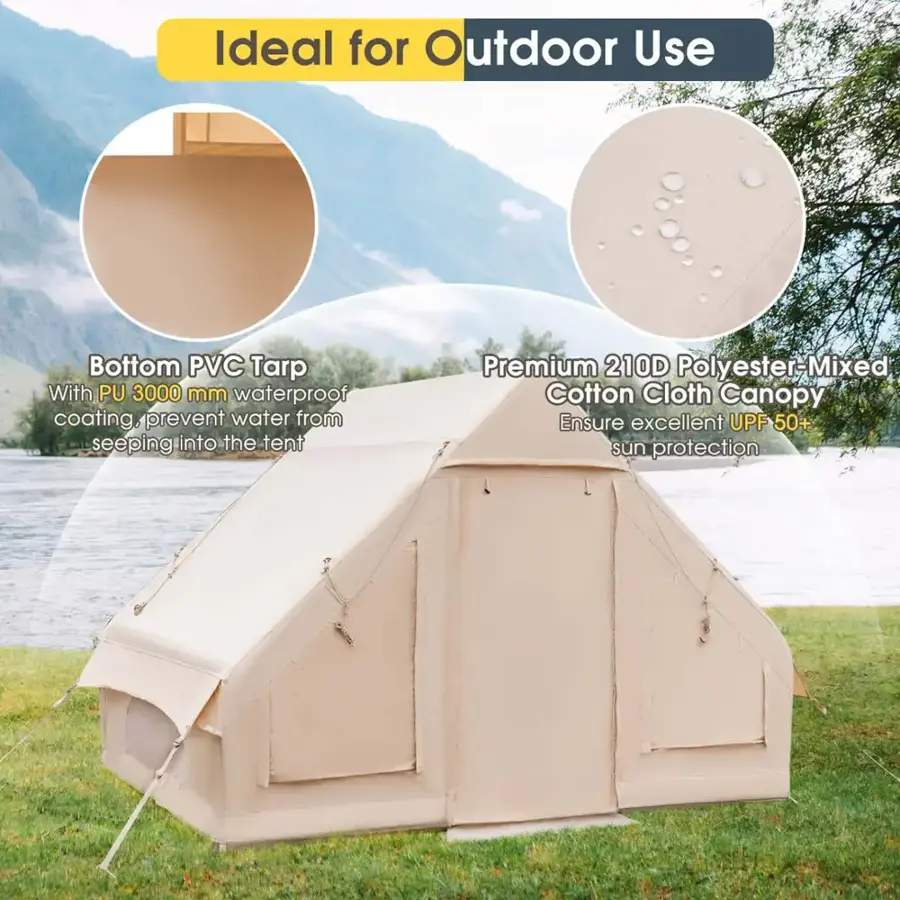 Ideal for Outdoor Use: Bottom PVC Tarp with PU 3000 mm waterproof coating, prevent water from seeping into the tent. Premium 210D Polyester-Mixed Cotton Cloth Canopy ensures excellent UPF 50+ sun protection.