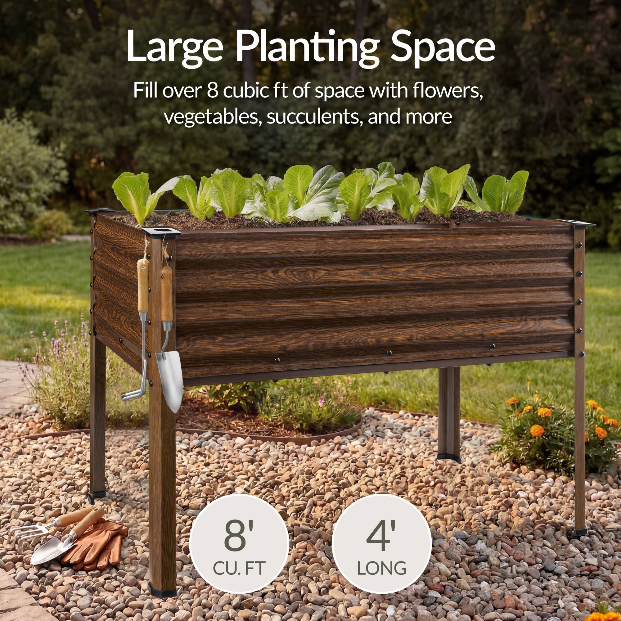 Large Planting Space  
Fill over 8 cubic ft of space with flowers, vegetables, succulents, and more  
8' CU. FT  
4' LONG