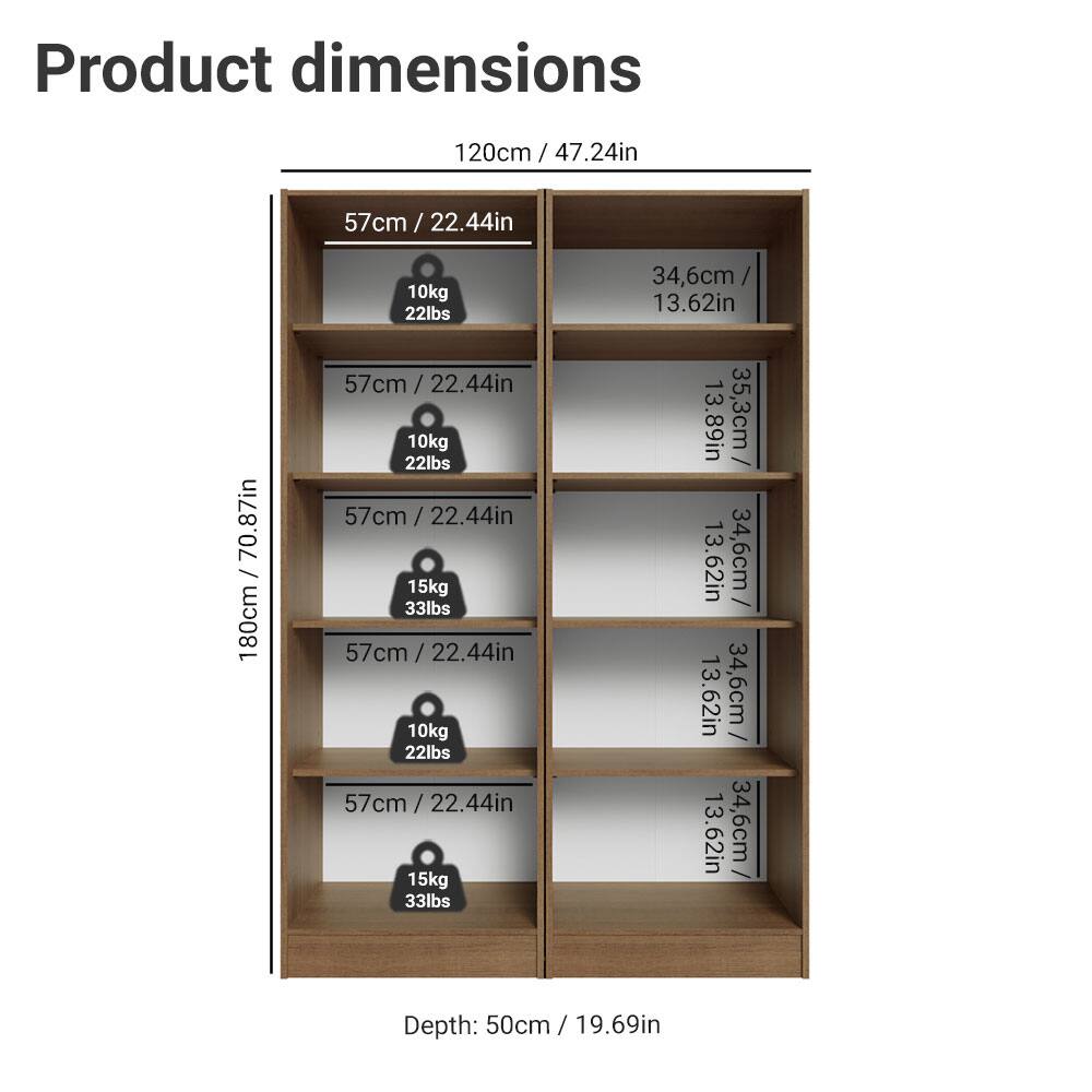 Product dimensions

- Height: 180cm / 70.87in
- Width: 120cm / 47.24in
- Depth: 50cm / 19.69in

Shelf dimensions:
- 57cm / 22.44in (width) x 34.6cm / 13.62in (depth)
- 10kg / 22lbs capacity
- 57cm / 22.44in (width) x 34.6cm / 13.62in (depth)
- 15kg / 33lbs capacity
- 57cm / 22.44in (width) x 34.6cm / 13.62in (depth)
- 10kg / 22lbs capacity
- 57cm / 22.44in (width) x 34.6cm / 13.62in (depth)
- 15kg / 33lbs capacity