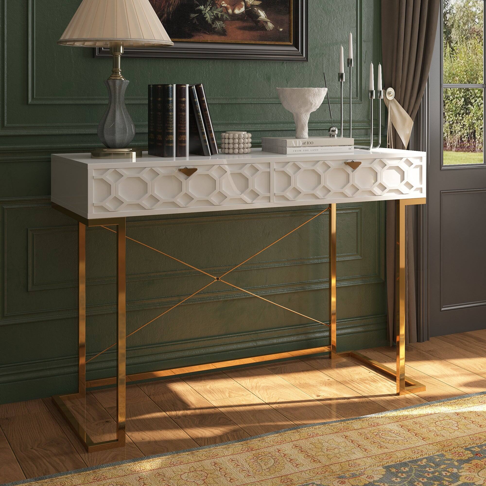 Alt View 8. Boyel Living - 42 in. Rectangular White Wood End Table Writing Desk with Metal Stand - White.