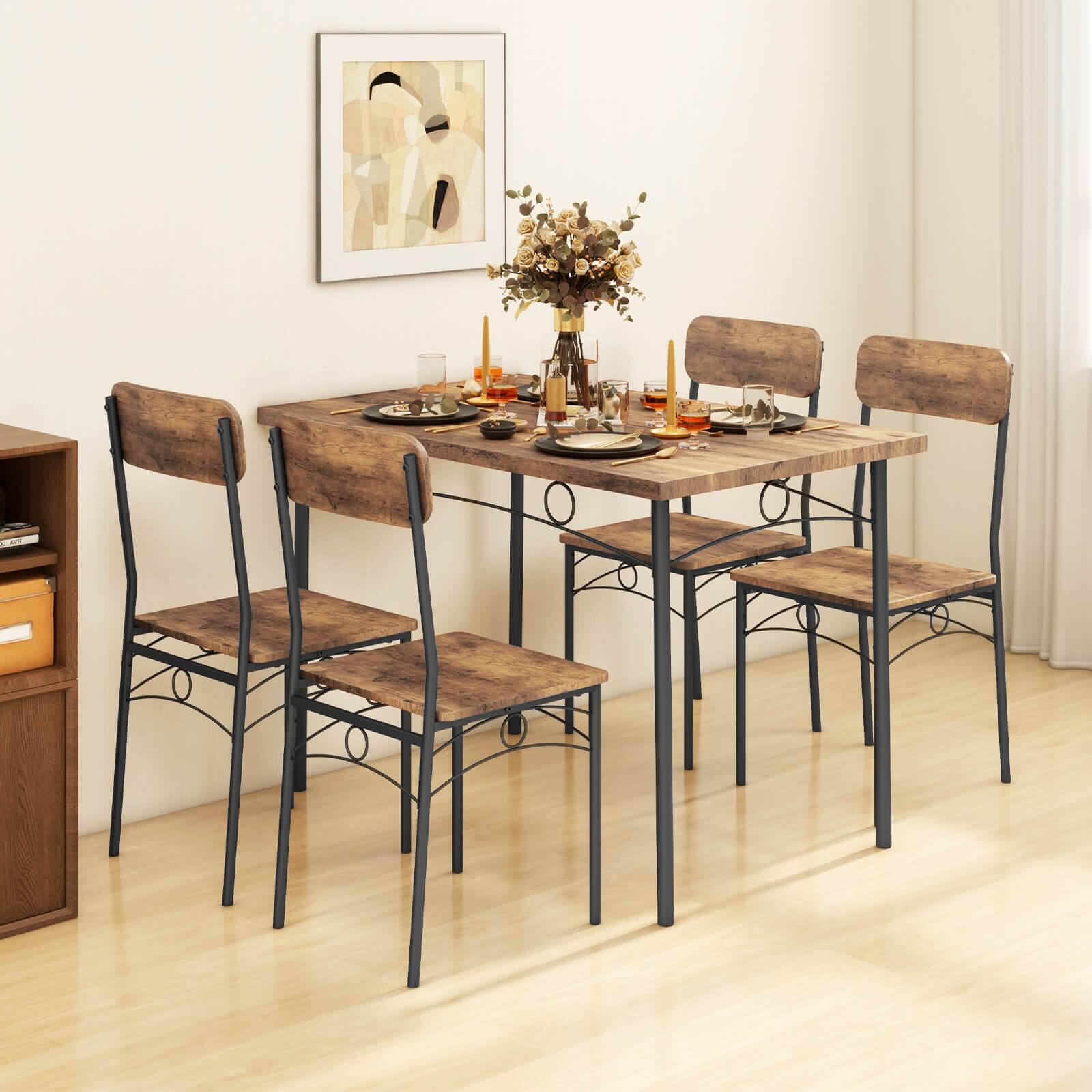 Alt View 1. Costway - Costway 5 PCS Industrial Kitchen Dining Room Furniture with Wood Rectangular Table 4 Chairs - Brown.