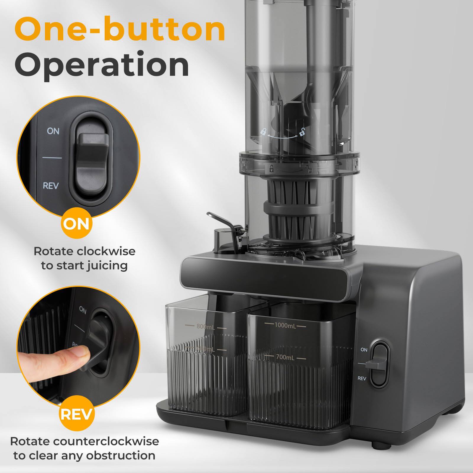One-button Operation

Rotate clockwise to start juicing

Rotate counterclockwise to clear any obstruction
