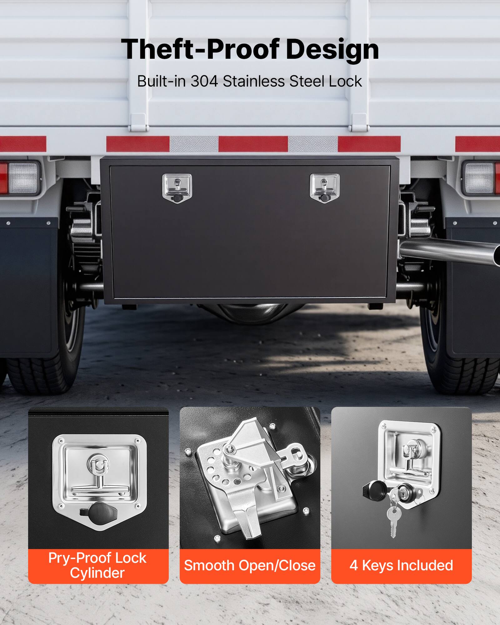 Theft-Proof Design  
Built-in 304 Stainless Steel Lock  

- Pry-Proof Lock Cylinder  
- Smooth Open/Close  
- 4 Keys Included