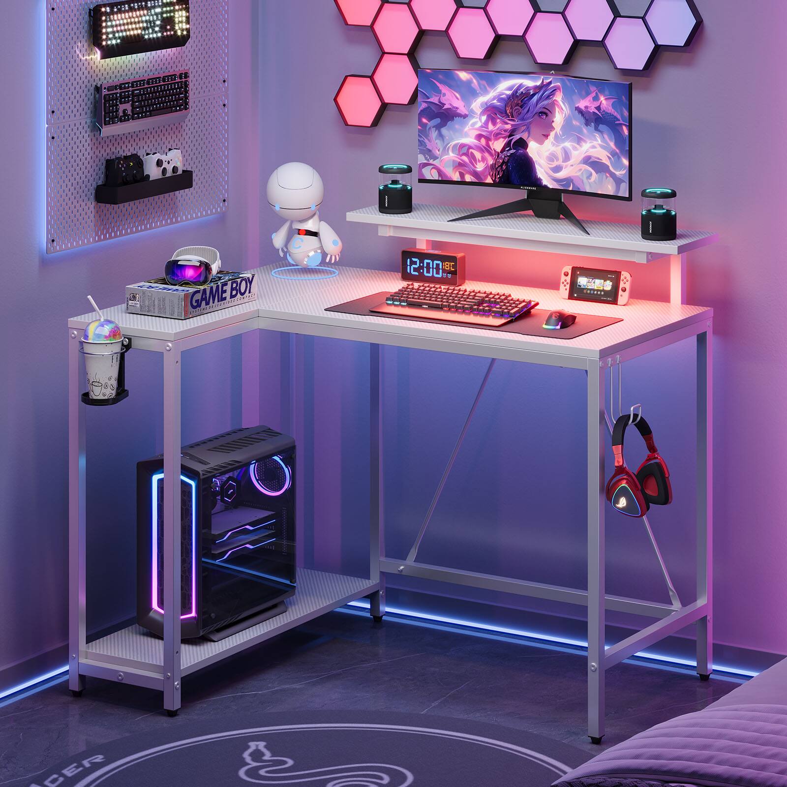 Pinmoco - 42" Reversible L-Shaped LED Gaming Desk - Carbon Fiber with Monitor Stand & Headset Hooks - Gray