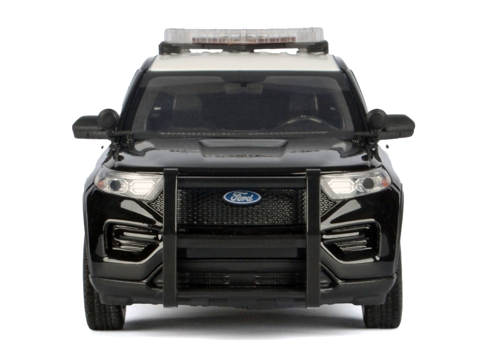 Left. Motormax - 2022 Ford Police Interceptor Utility Black White LAPD with Flashing Light Bar Front and Rear Lights Sounds 1/24 - Black and White.