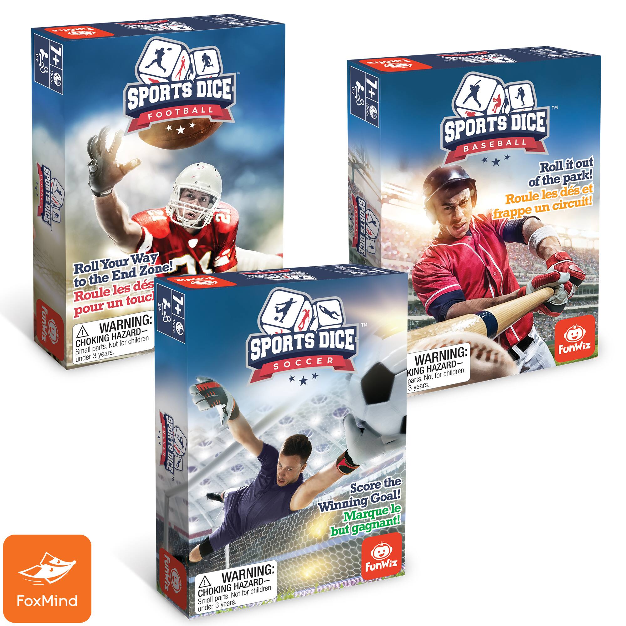 The text on the image is grouped and corrected as follows:

1. Roll it out of the park!
2. Roll un circuit!
3. Roll Your Way End Zone!
4. Warning: Hazard 8+ Choking. Not for children under 3 years.
5. Score the Goal! Winning Marque le but gagnant!
6. Warning: Hazard- Choking for children. Not for children under 3 years.

The text is grouped by the theme of sports dice and the warnings associated with them.