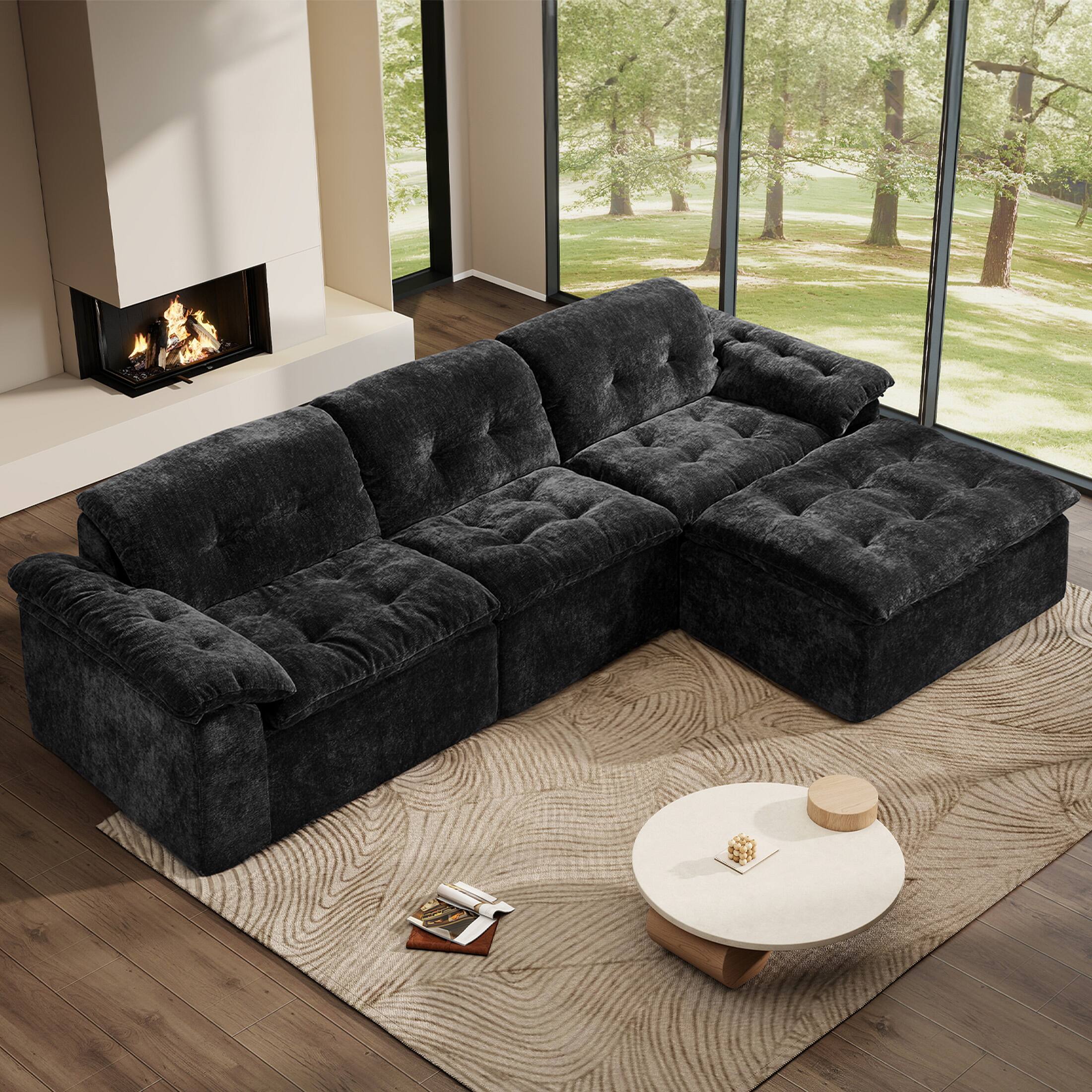 Angle. Anysun - Anysun L-Shaped Modular Chenille Cushioned Extreme Comfort Sofa with Detachable Backrest and Armrests, Removable Ottoman - Black.