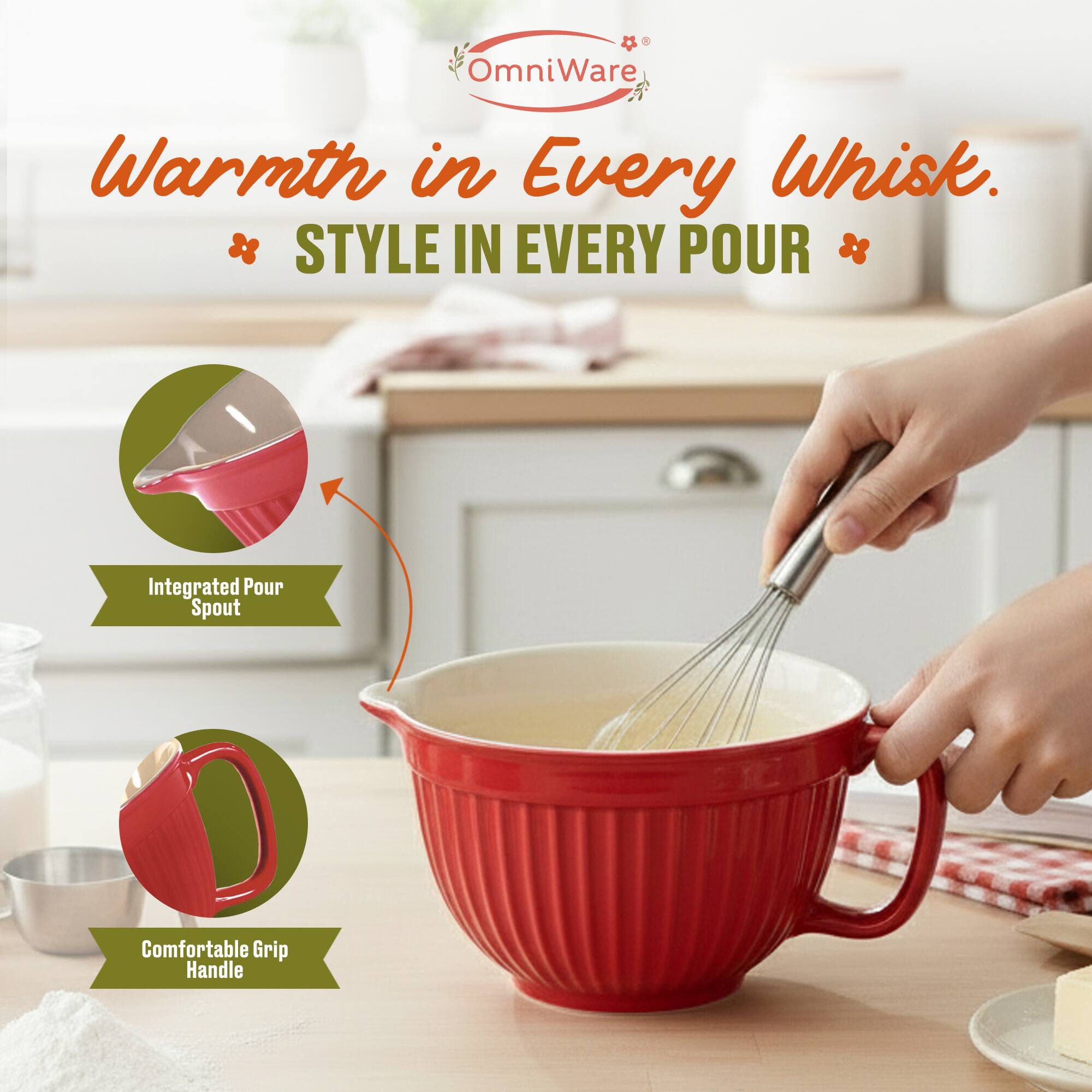 4 OmniWare Warmth in Every Whisk. STYLE IN EVERY POUR Integrated Pour Spout Comfortable Grip Handle