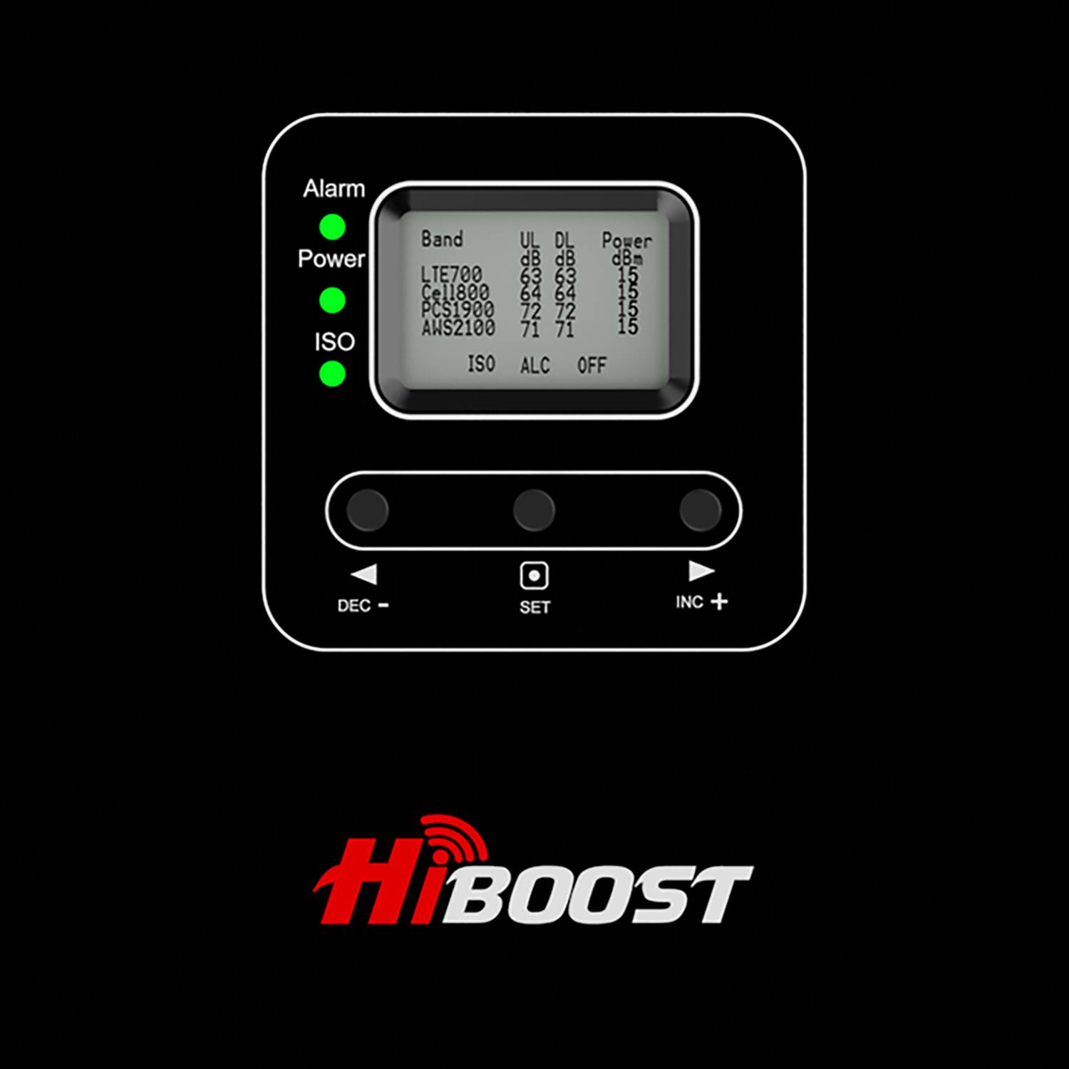 Alarm Power ISO Band UL DL Power dB dB dBn LTE700 63 63 15 Cell800 64 64 15 PCS1900 72 72 15 AWS2100 71 71 15 ISO ALC OFF DEC I SET INC + HiBOOST