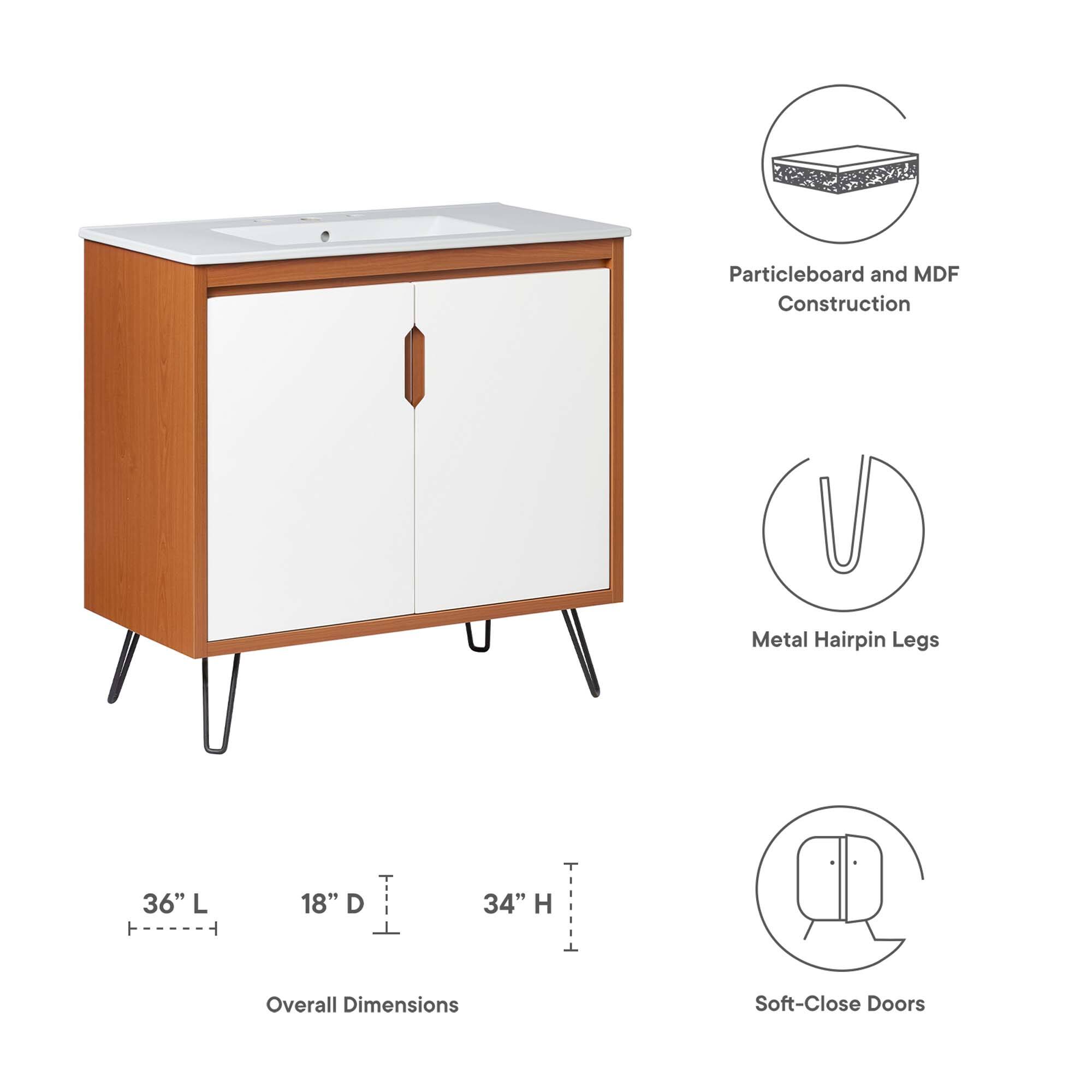 Particleboard and MDF Construction  
Metal Hairpin Legs  
36" L x 18" D x 34" H Overall Dimensions  
Soft-Close Doors