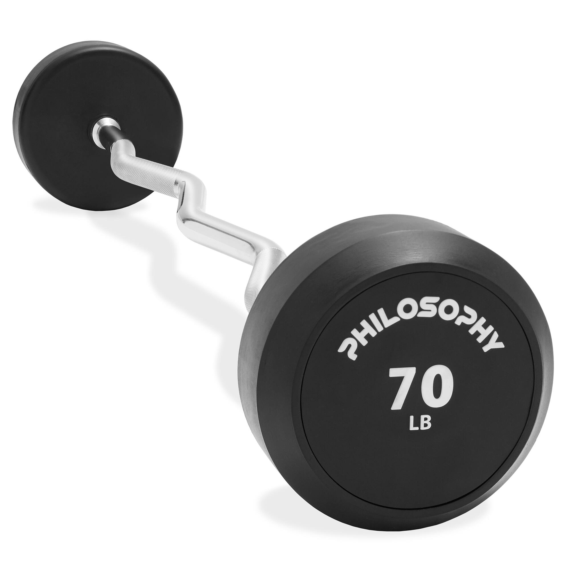 Front. Philosophy Gym - Rubber Fixed Barbell - Pre-Loaded Weight EZ Curl Bar for Weightlifting - Black.