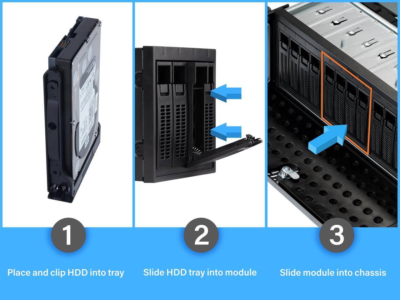 1. Place and clip HDD into tray
2. Slide HDD tray into module
3. Slide module into chassis