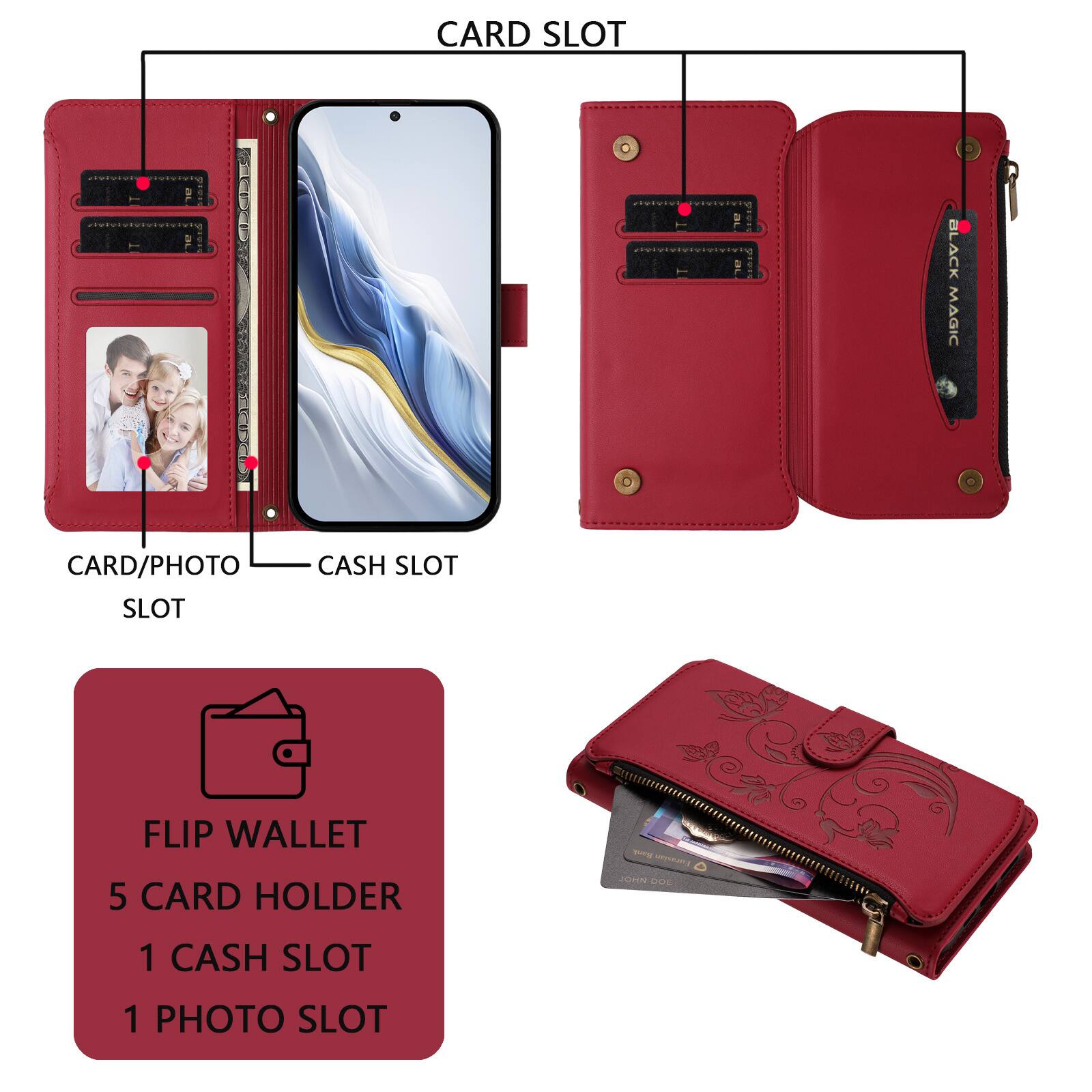 CARD SLOT  
CARD/PHOTO SLOT  
CASH SLOT  

FLIP WALLET  
5 CARD HOLDER  
1 CASH SLOT  
1 PHOTO SLOT  

BLACK MAGIC