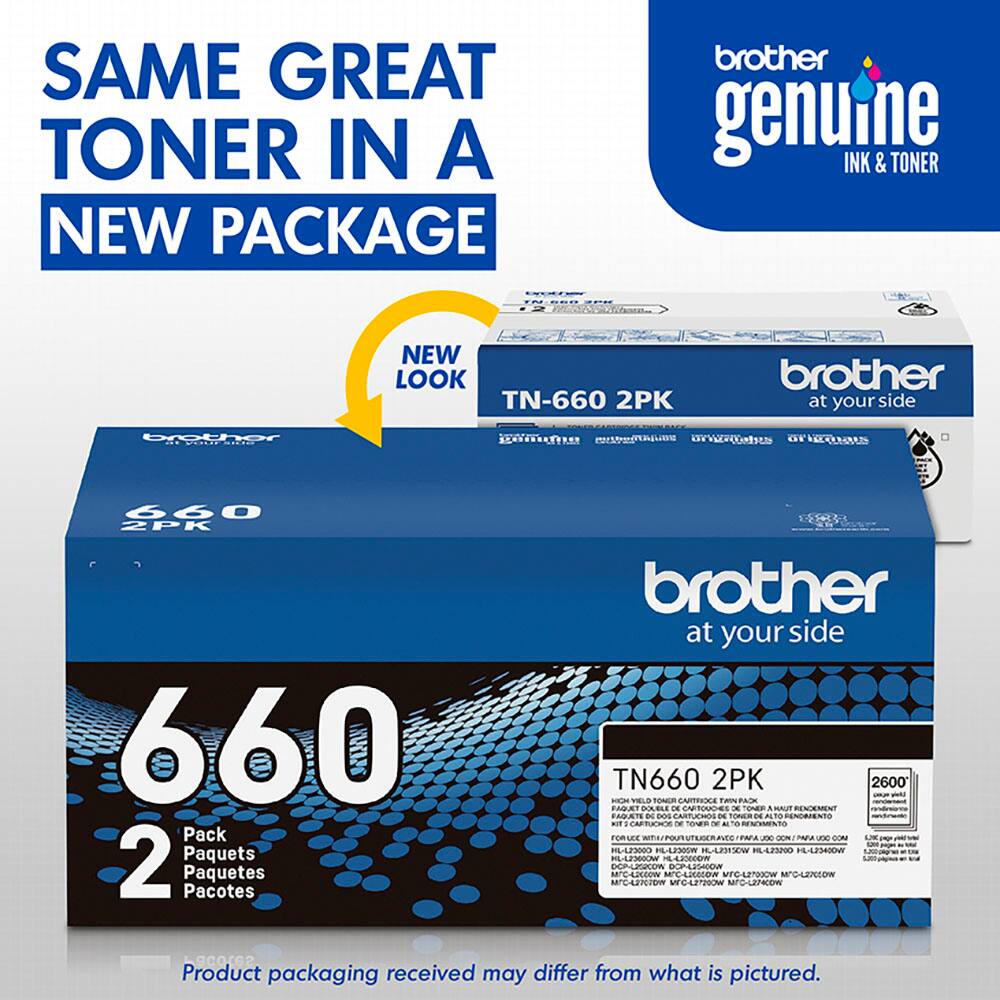 SAME GREAT TONER IN A NEW PACKAGE brother genuine INK & TONER NEW LOOK TN-660 2PK brother at your side bothor NO  C0Ms Gr ENBU 660 ZPK 660 Pack 2 Paquets Paquetes Pacotes brother at your side TN660 2PK 2600' - -M VIELO SONER CAPTRAOCA TAIT PASE RAT X 1 CATODA - TOMER A AUT RENOEMENT SARAT D DOS CARTUEROS DE TOCR D N RENDAIENTS  CATOE -  - REWIENTO FORAER muncRavEr FMA UE D COM u $L4500 IN HAUWow APO APS4DOM 1 MLAPEN Product packaging received may differ from what is pictured.