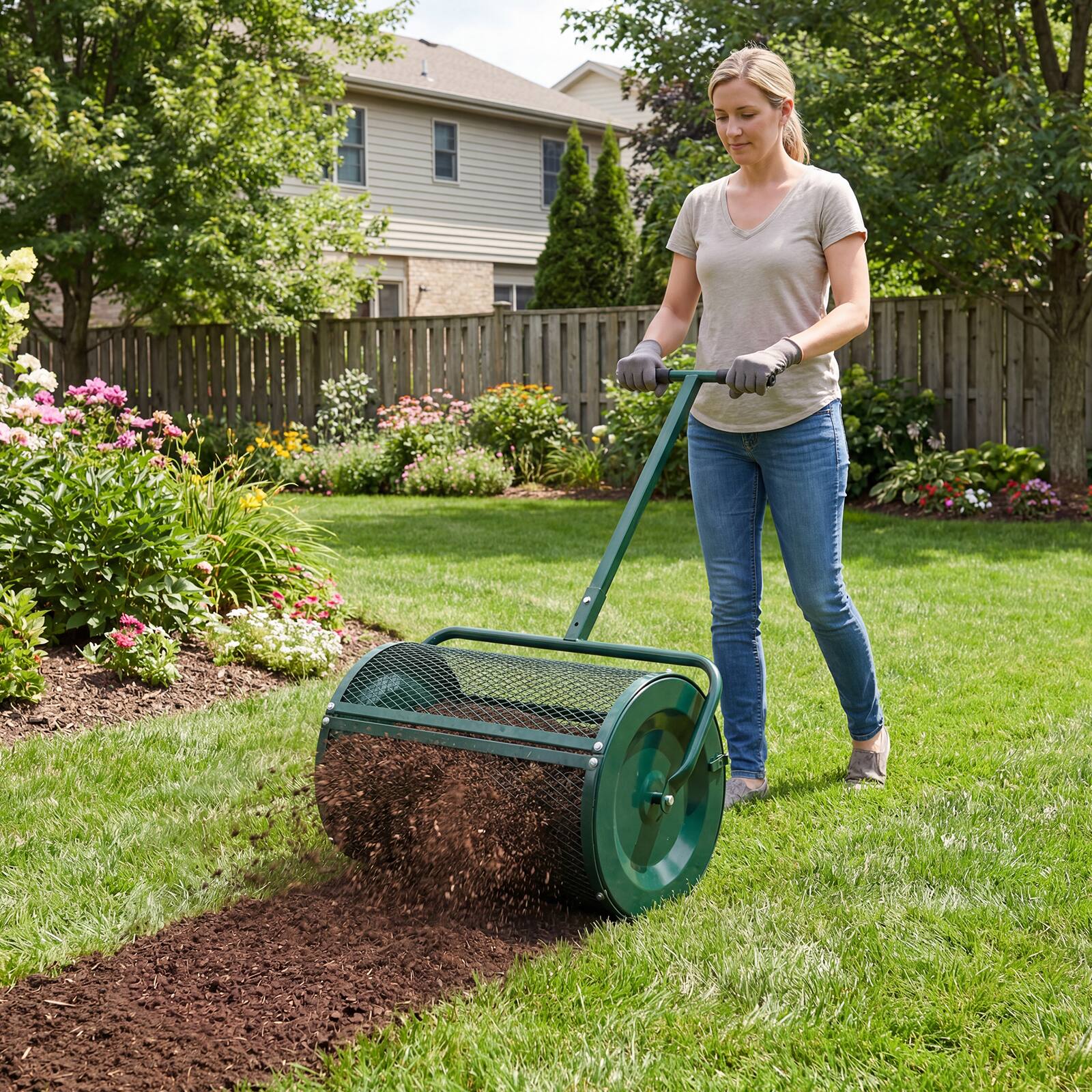 Alt View 3. Gymax - Gymax Compost SpreaderPeat Moss Spreader Roller w/Height-adjustable T-shape Handle Green - Green.