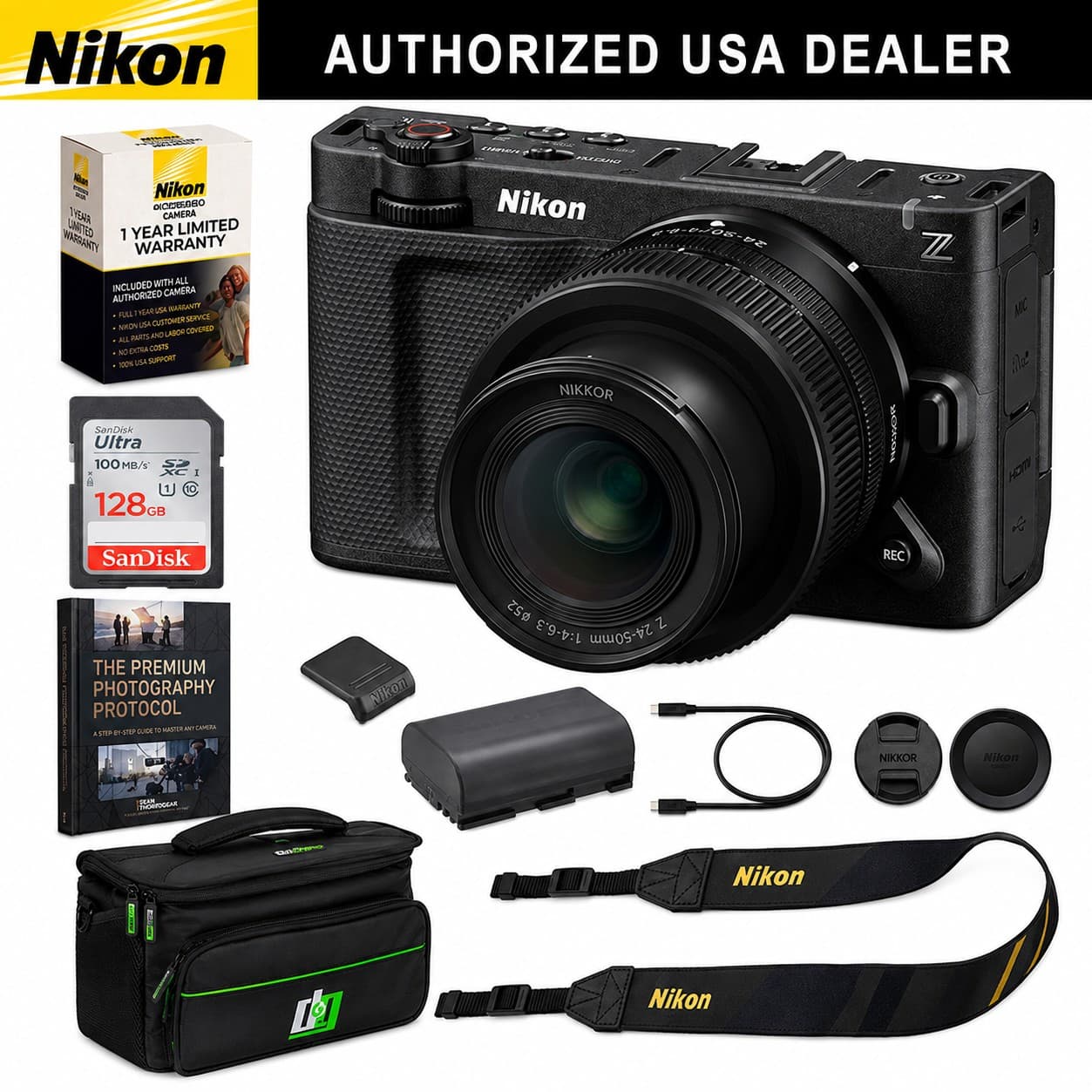 Nikon AUTHORIZED USA DEALER

Nikon DCCESOBO CAMERA 1 YEAR LIMITED WARRANTY WITH ALL INCLUDED CAMERA AUTHORIZED KEAPSUK MARRANTY FULL SERVICE CUSTOMER COVERED 100% SUPPORT SanDisk Ultra 100MB/s XC 128GB

chen HUNG Nikon 20-20-0-0-07 NIKKOR

HOTOR

Z

SanDisk THE PREMIUM PHOTOGRAPHY PROTOCOL LICE 18 AUSTER xx CAMBOA ST STATE

Nikon

$52 Z 1:4-6.3 24-50mm

REC

NIKKOR

Nikon

10

Nikon