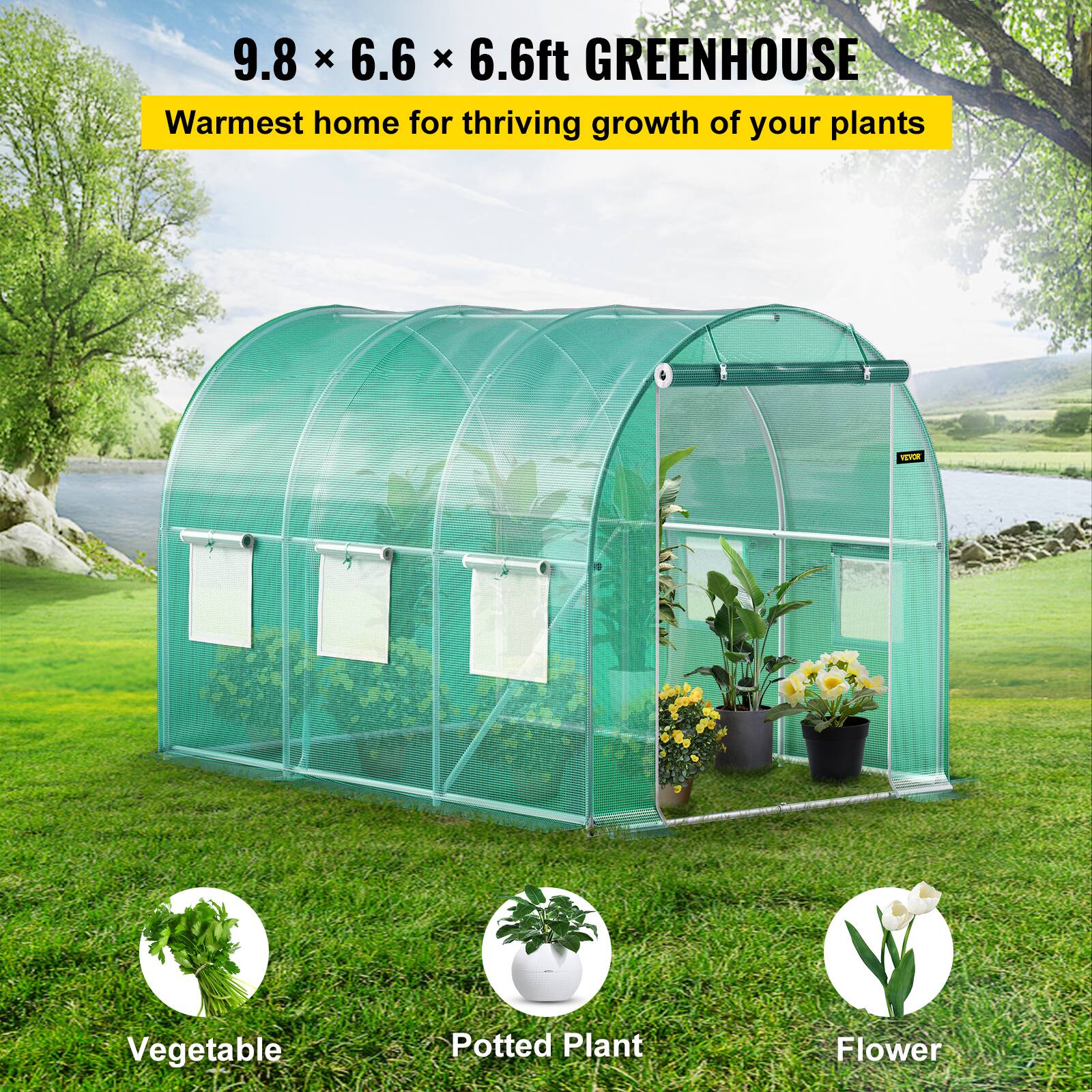 9.8 x 6.6 x 6.6ft GREENHOUSE Warmest home for thriving growth of your plants
Vegetable
Potted Plant
Flower