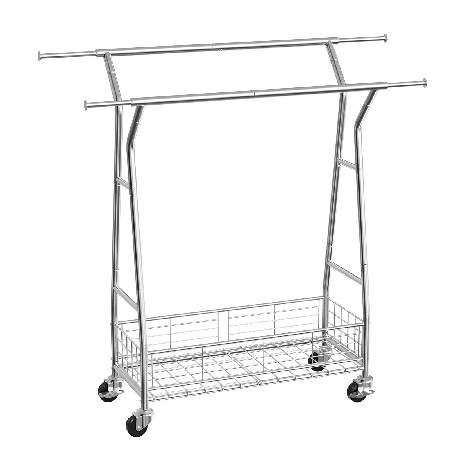 Alt View 5. VEVOR - Clothes Rack, Rolling Clothing Garment Rack with 2 Hanging Rods and Storage Basket, 330 lbs Load Capacity - Silver.