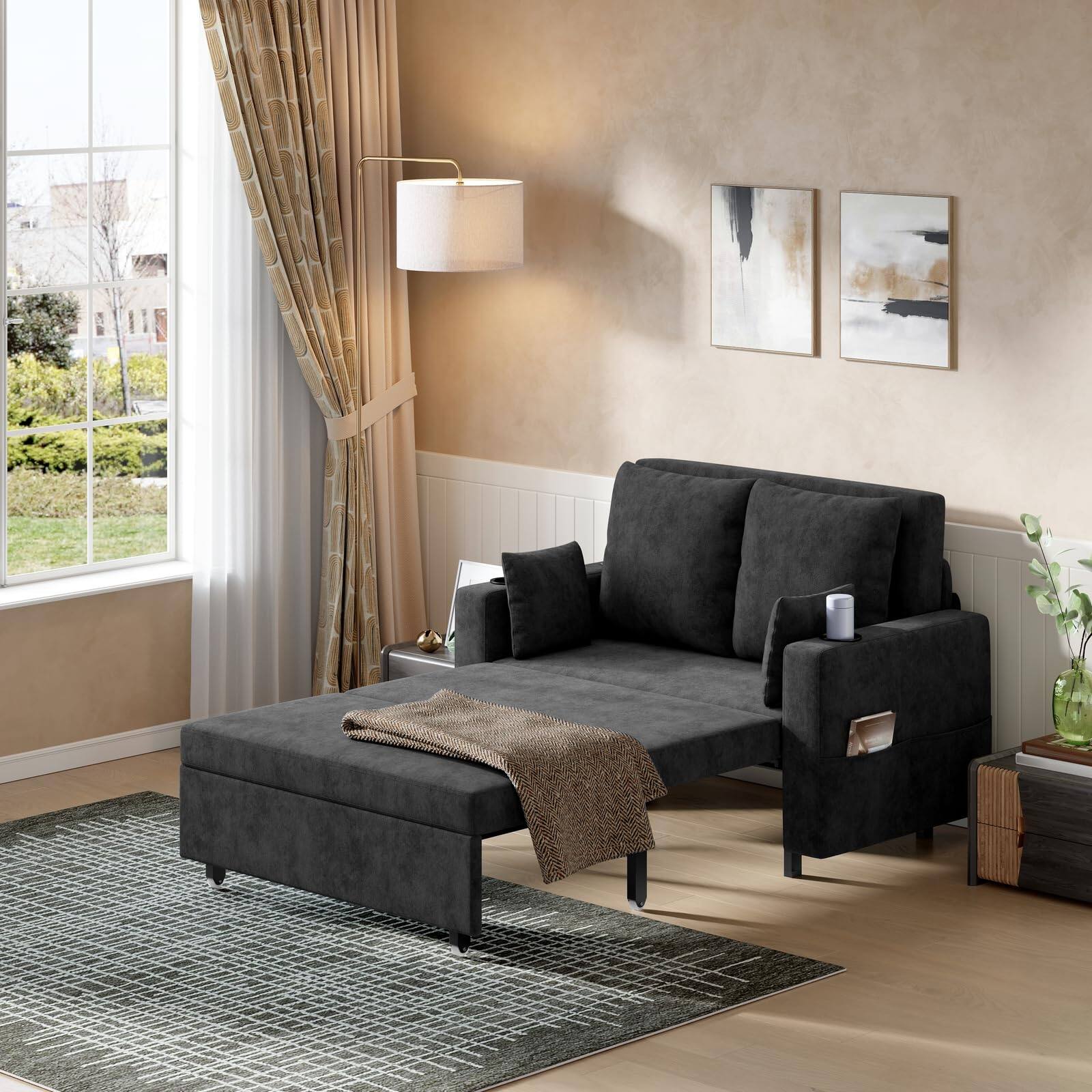 Back. Jojoka - 3 in 1 Convertible Sleeper Sofa Bed Loveseat Couch, Full Size Sofa, Love Seat Pull Out Bed - Black.