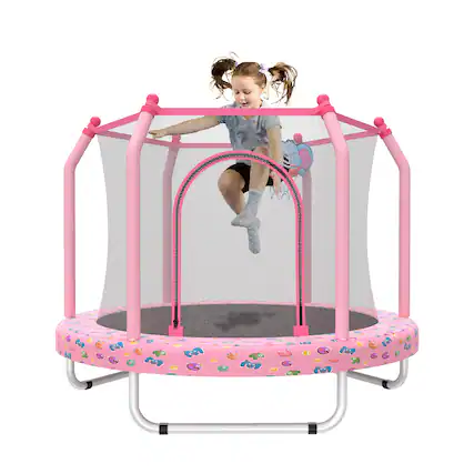 Front. Loheer - 55-Inch Kids Indoor & Outdoor Trampoline with Safety Enclosure Net & Basketball Hoop - Safe for Toddlers.