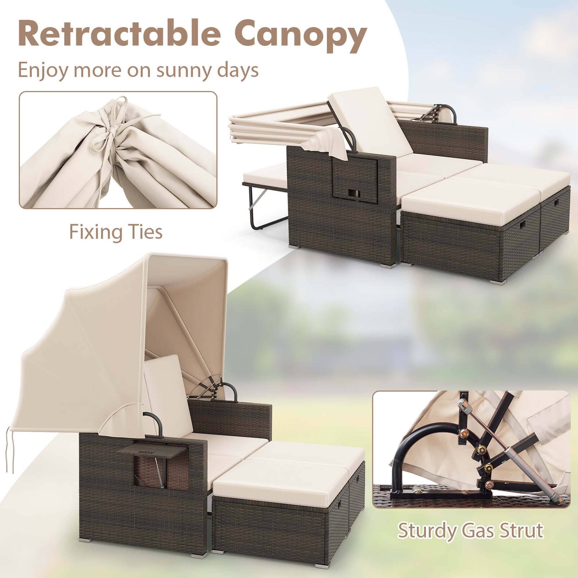 Retractable Canopy: Enjoy more on sunny days. Fixing Ties. Sturdy Gas Strut.