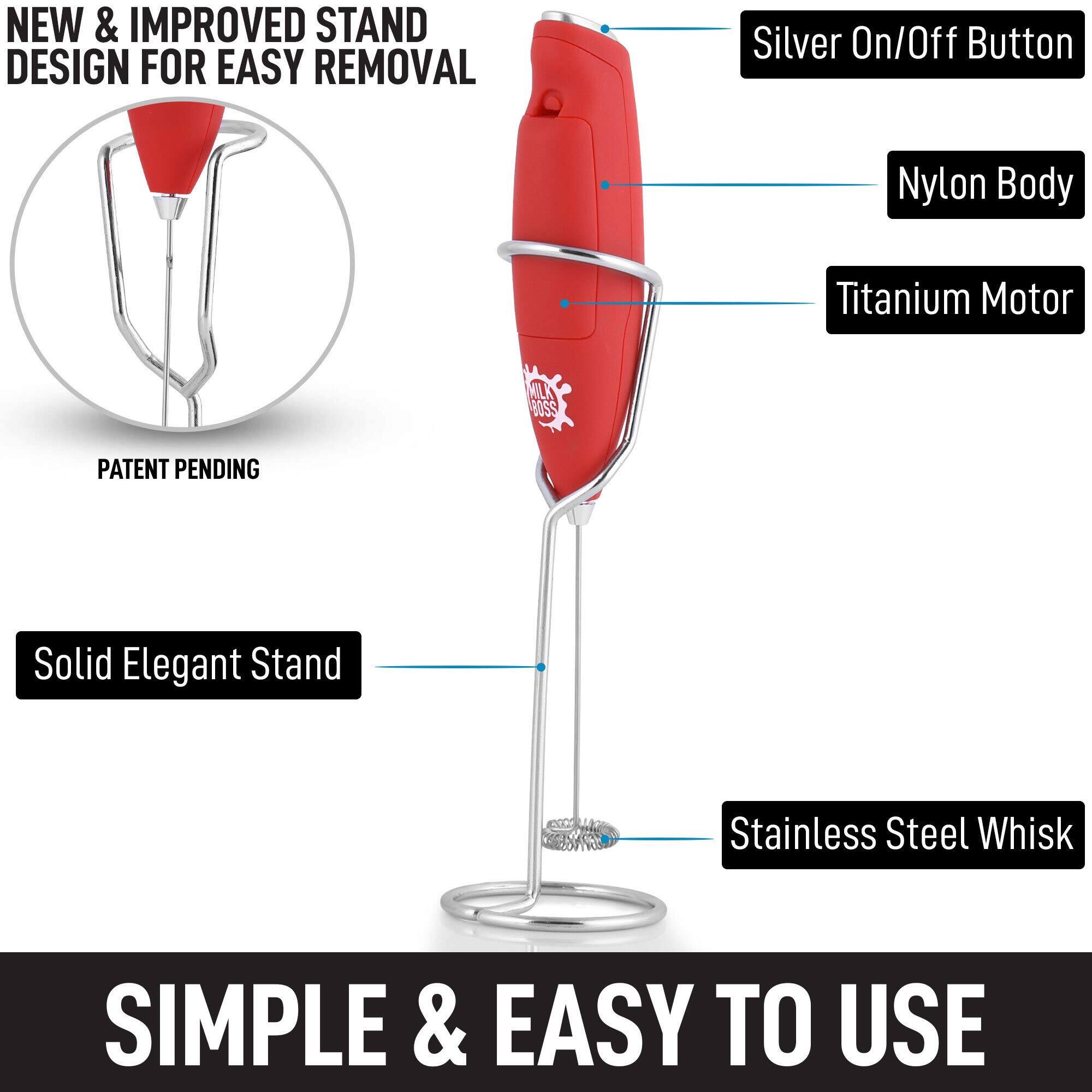NEW & IMPROVED STAND DESIGN FOR EASY REMOVAL

Silver On/Off Button
Nylon Body
Titanium Motor
Solid Elegant Stand
Stainless Steel Whisk

SIMPLE & EASY TO USE