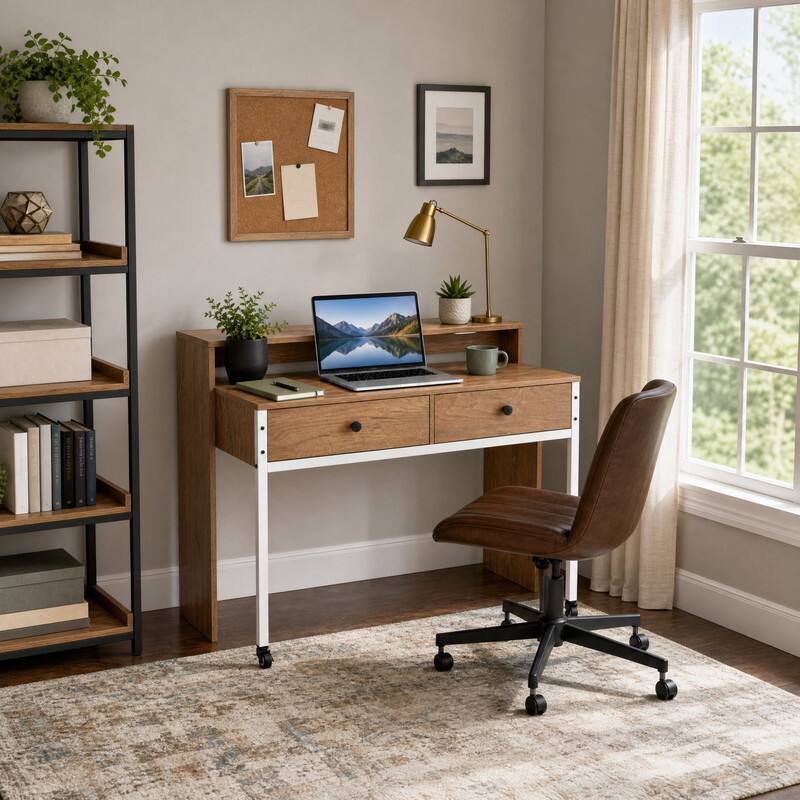 Angle. WELLFOR - Extendable Computer Desk with 2 Drawers, Home Office Desk with Pull Out Secondary Desk for Study,Working,Writing - Natural.
