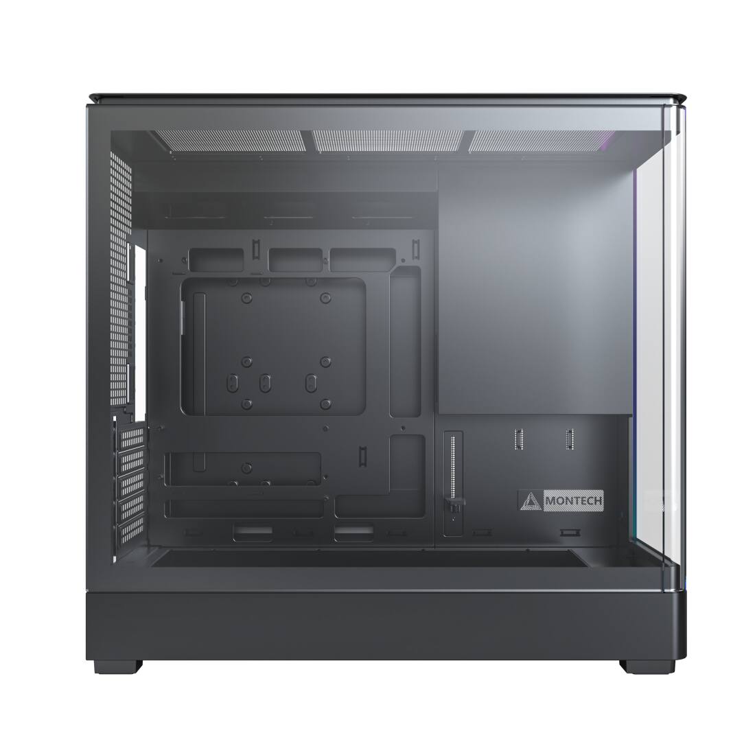 Left. Montech - KING 15 Micro-ATX PC Case, Curved Panoramic Glass, 360mm Radiator Support, Compact Build for High-Performance Systems - black.
