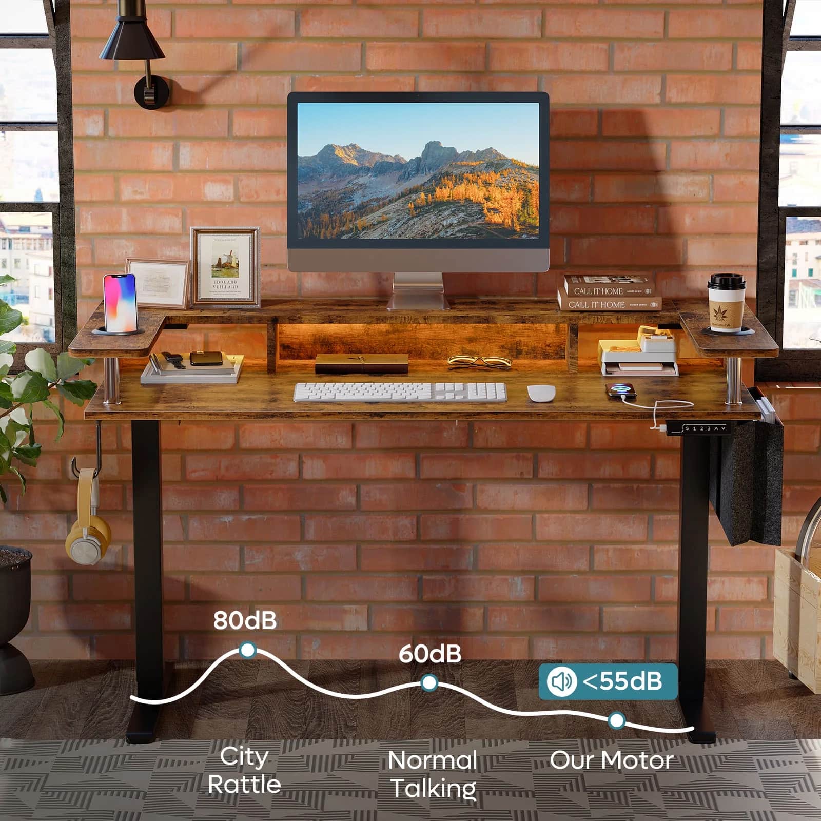 The text on the image reads:
"Call it home. Call it home. 80dB 60dB <55dB City Rattle Normal Talking Our Motor."