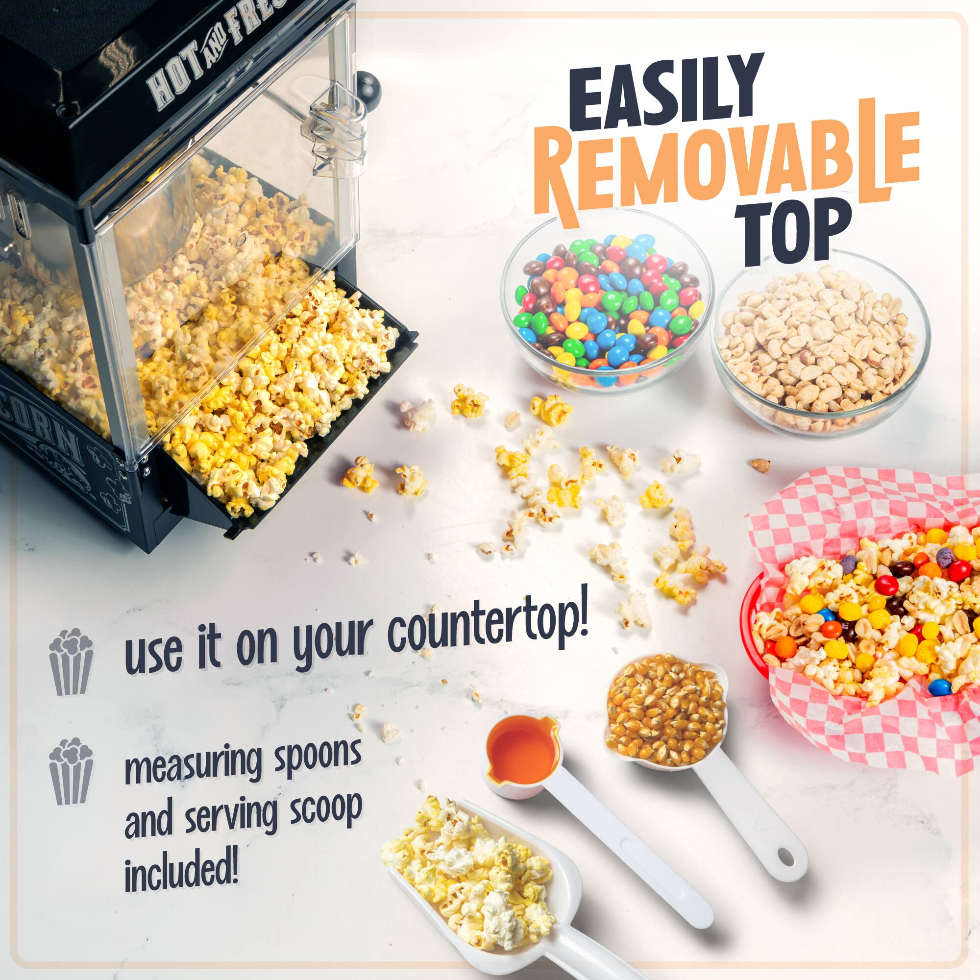 EASILY REMOVABLE TOP

use it on your countertop!

measuring spoons and serving scoop included!
