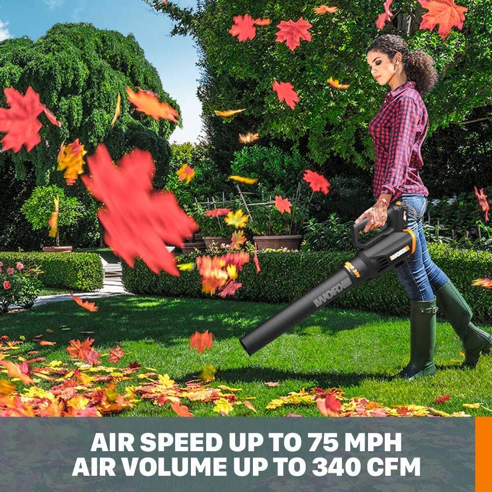 The text on the image reads: "WORX AIR SPEED UP TO 75 MPH AIR VOLUME UP TO 340 CFM."