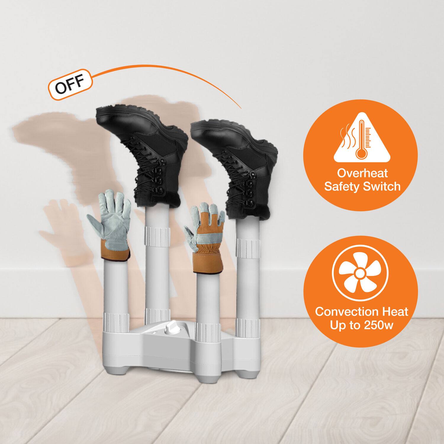 The text on the image is grouped as follows:

1. OFF: This is a safety switch that turns off the heater when it overheats.
2. Overheat Safety Switch: This is a safety feature that prevents the heater from overheating and causing damage.
3. Convection Heat: This is a type of heating that uses a fan to circulate warm air around the room.
4. Up to 250w: This indicates the maximum power output of the heater, which is 250 watts.