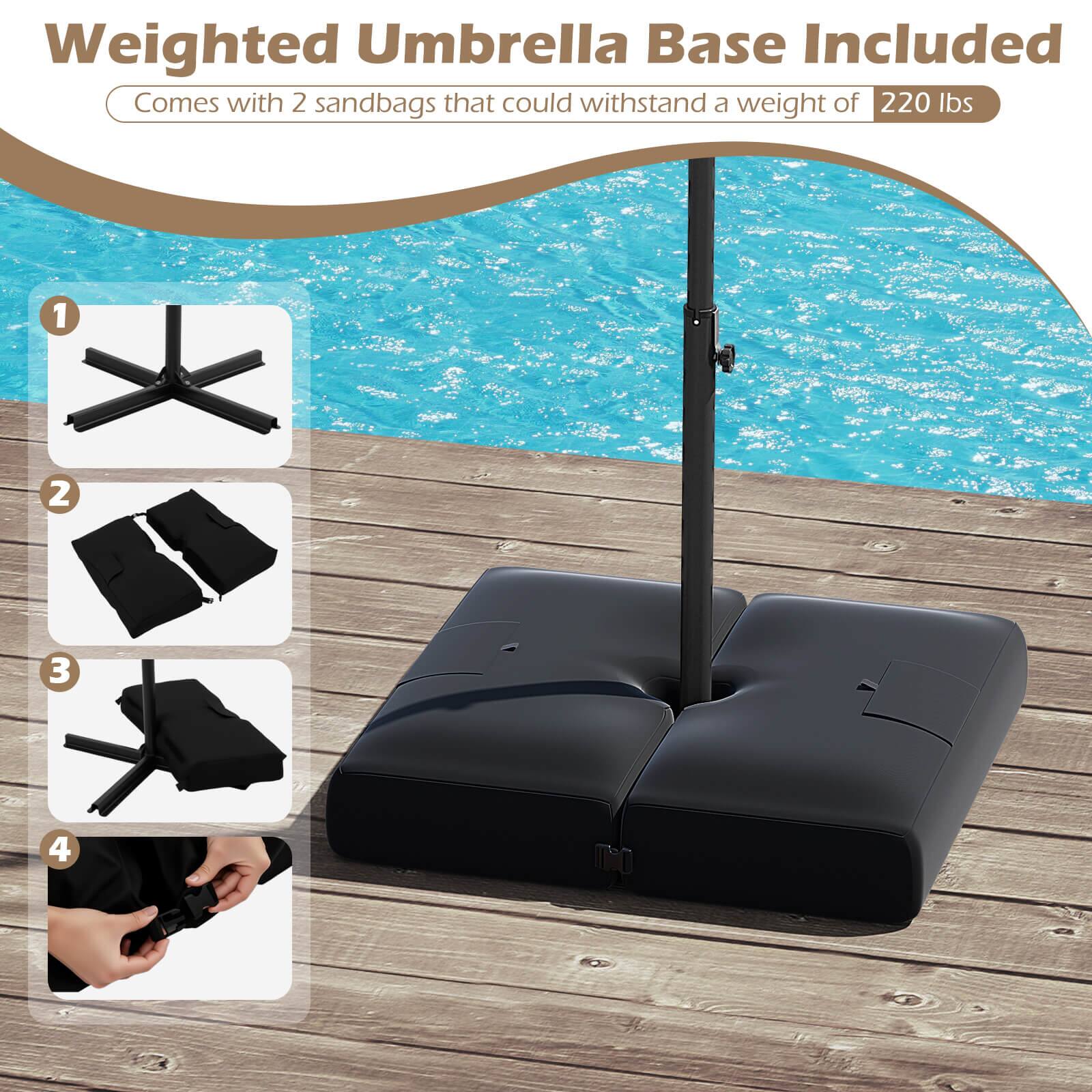 Weighted Umbrella Base Included: Comes with 2 sandbags that could withstand a weight of 220 lbs.