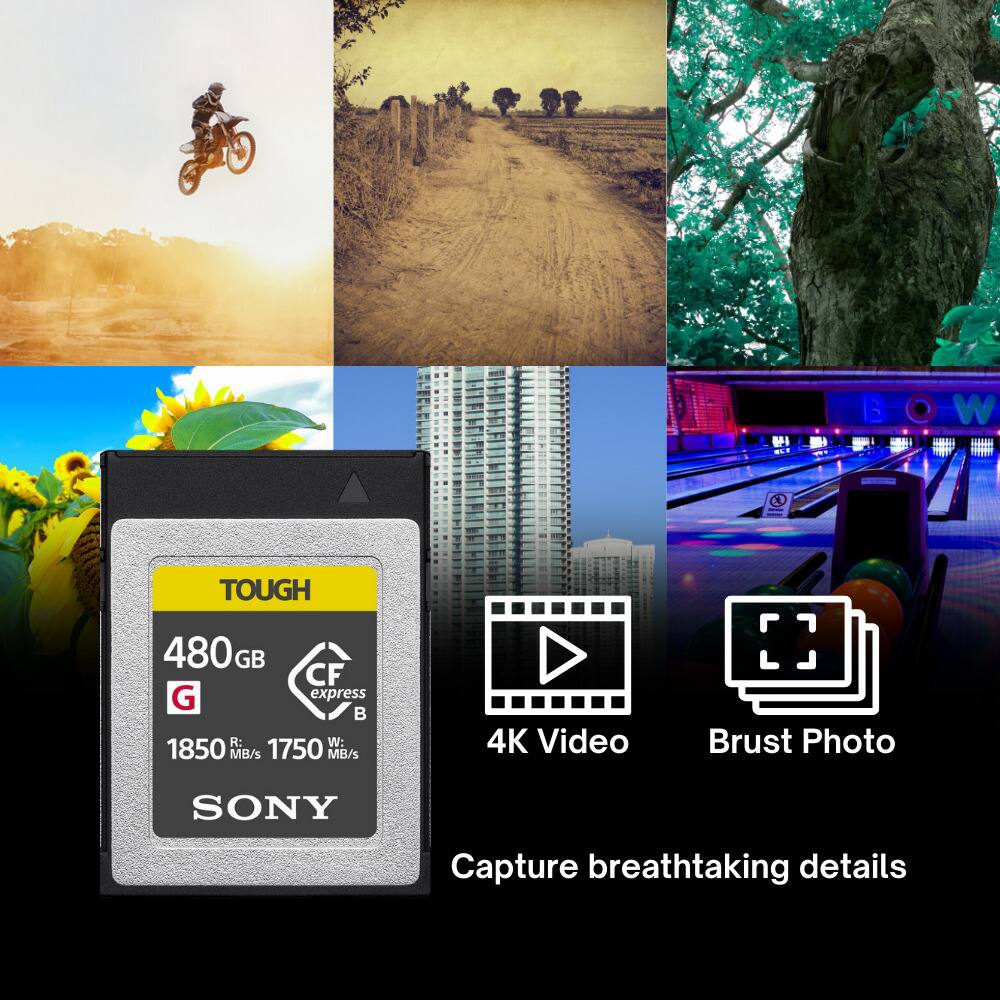**BOW TOUGH 480 GB CFexpress G**

- R: 1850 MB/s
- W: 1750 MB/s

**4K Video**
**Brust Photo**

**Capture breathtaking details**

**SONY**