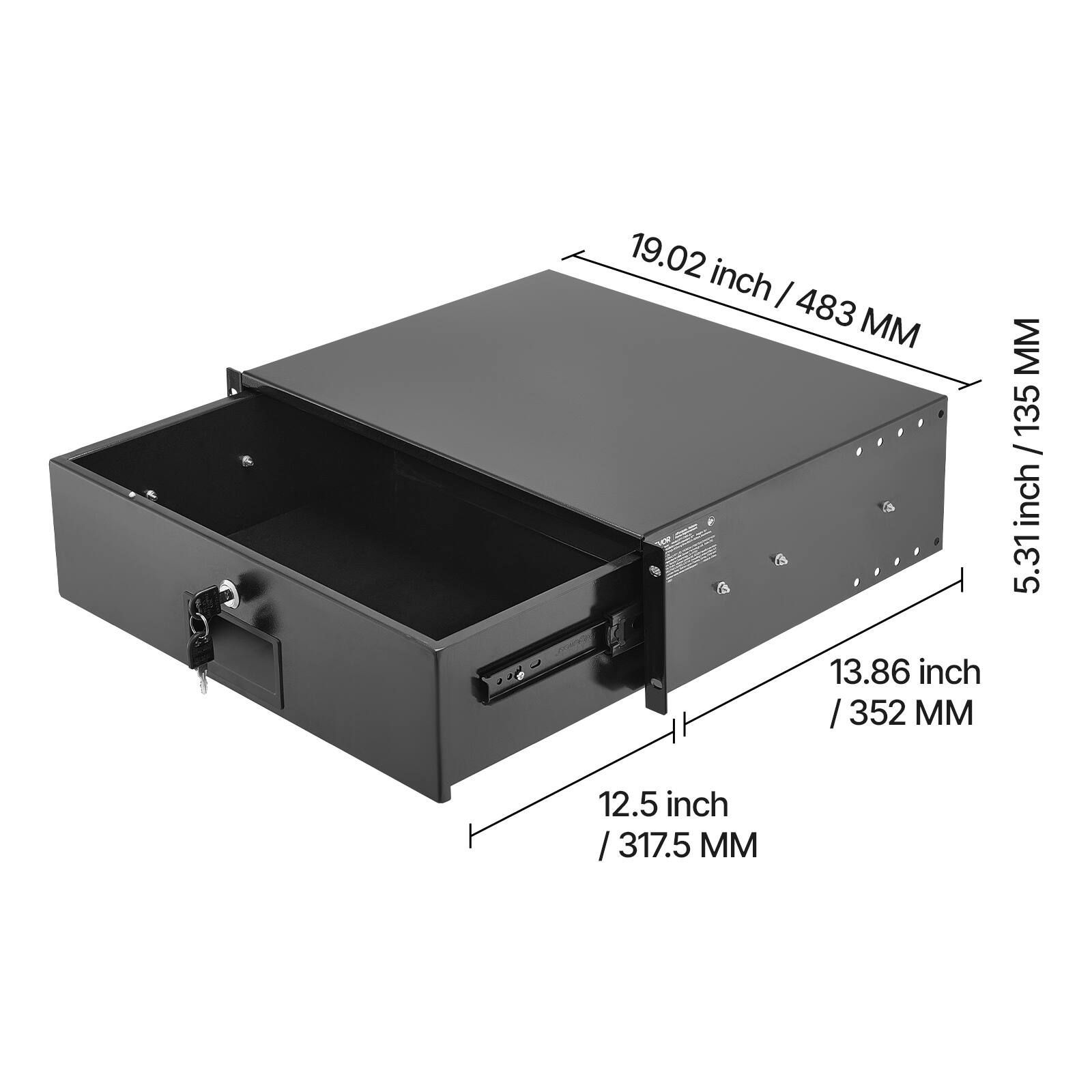 19.02 inch / 483 MM  
13.86 inch / 352 MM  
12.5 inch / 317.5 MM  
5.31 inch / 135 MM