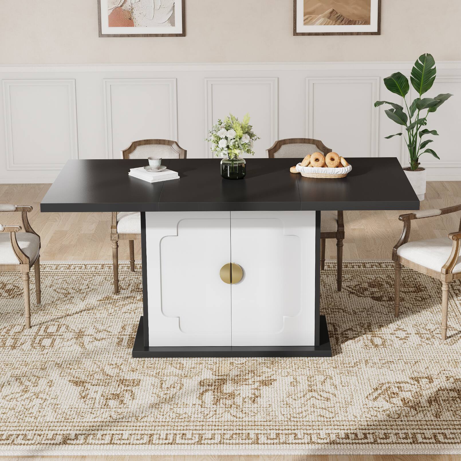 Left. Anysun - 63" Walnut Dining Table for 4-6 - Rectangular Pedestal Base with Storage Shelves. 63"L x 35.4"W x 30"H - Black.