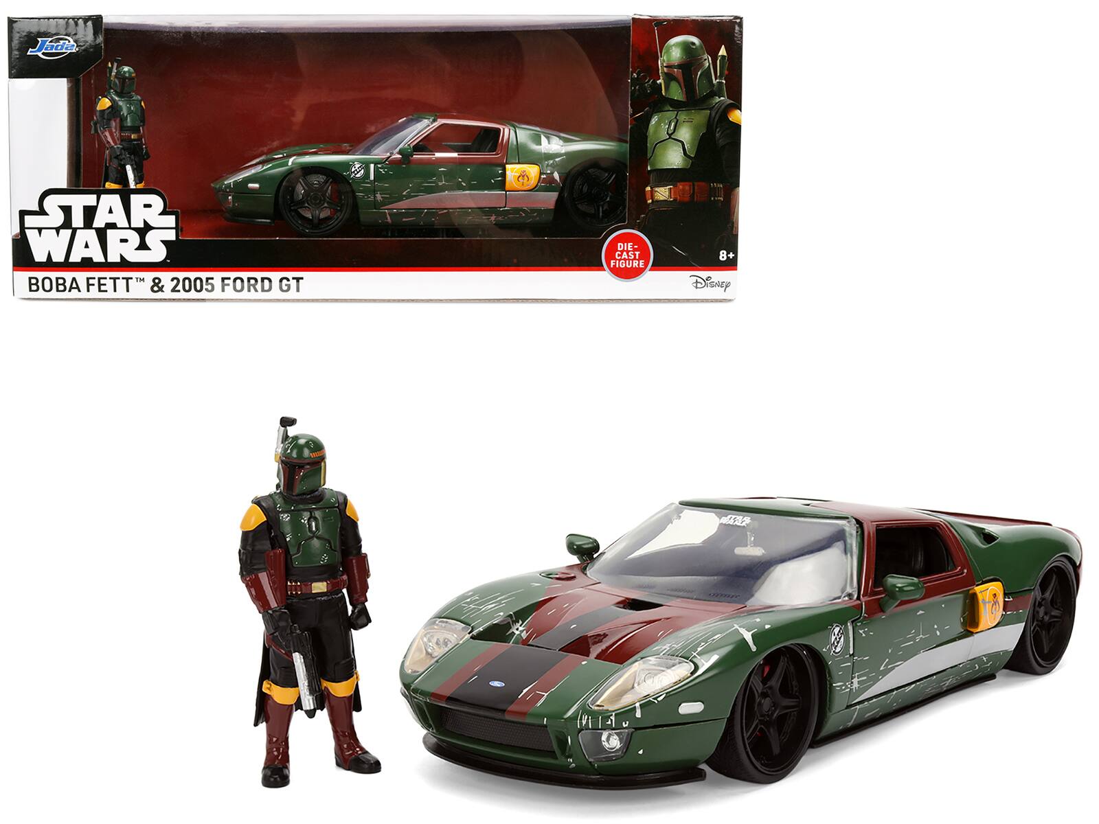Jada - 2005 Ford GT (Weathered) with Graphics and Boba Fett Figure "Star Wars" Franchise "Hollywood Rides" Series 1/24 - Green