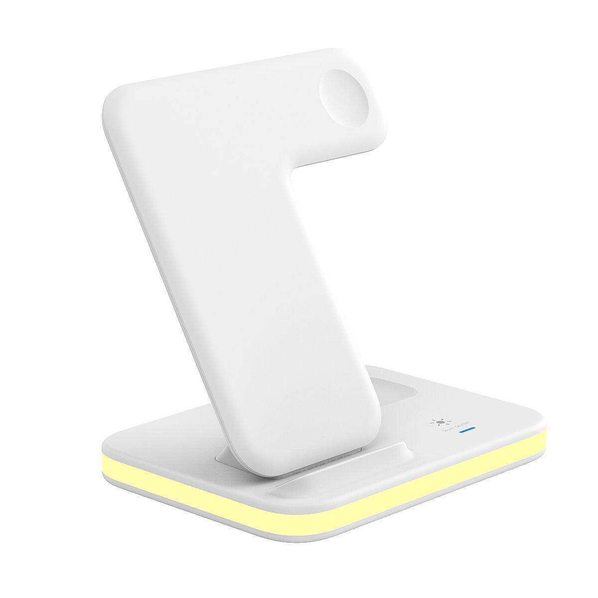 Angle. Link - Link 4-in-1 Wireless Charging Stand with Night Light for iPhone 14/13/12, AirPods, Apple Watch - White - White.